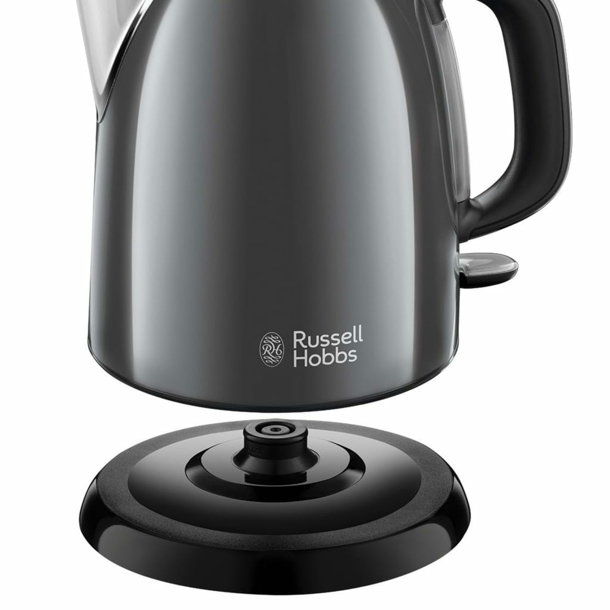 Szary czajnik Russell Hobbs z czarną podstawą, odizolowany na białym tle.