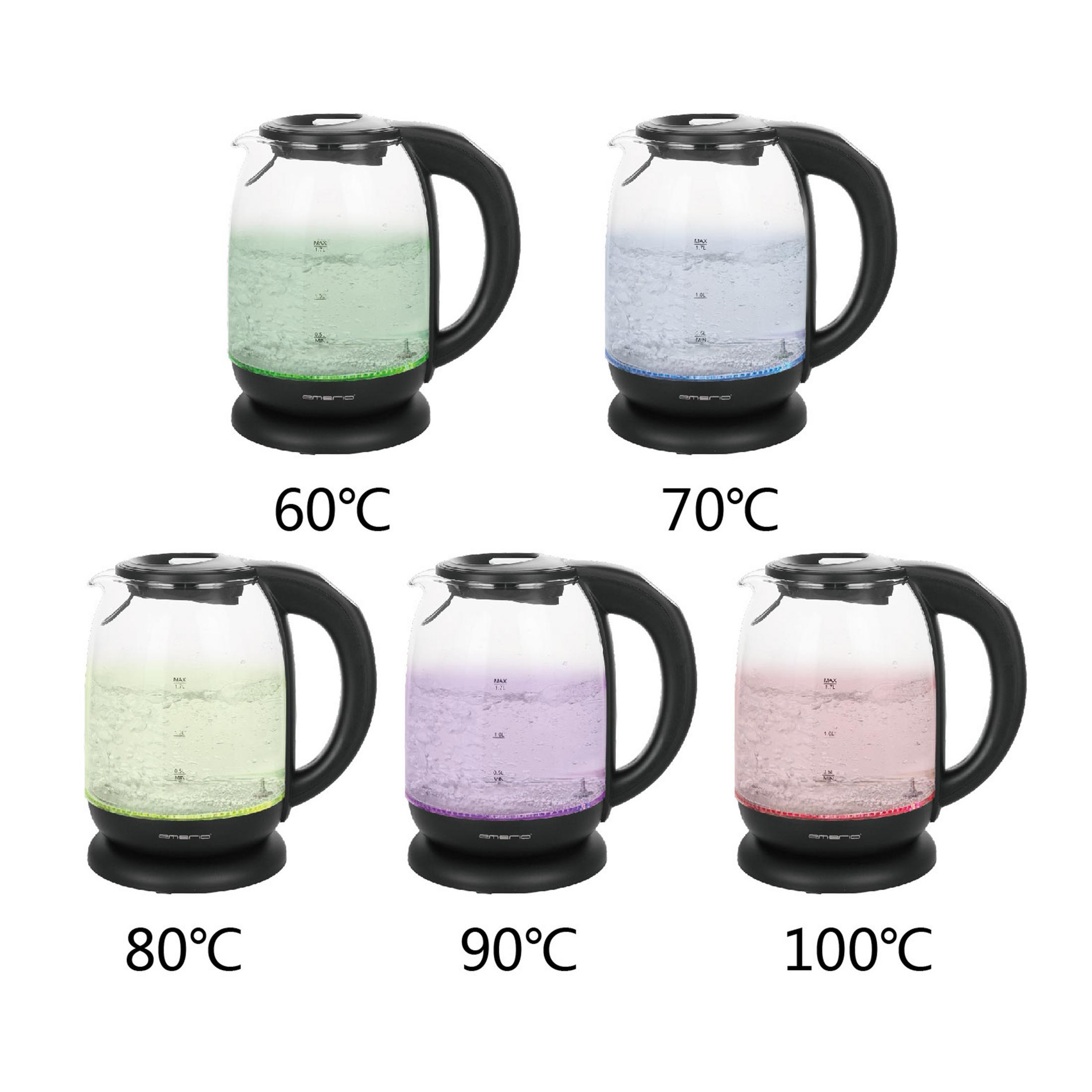 Cinque bollitori elettrici con diverse temperature dell'acqua: 60°C, 70°C, 80°C, 90°C, 100°C.