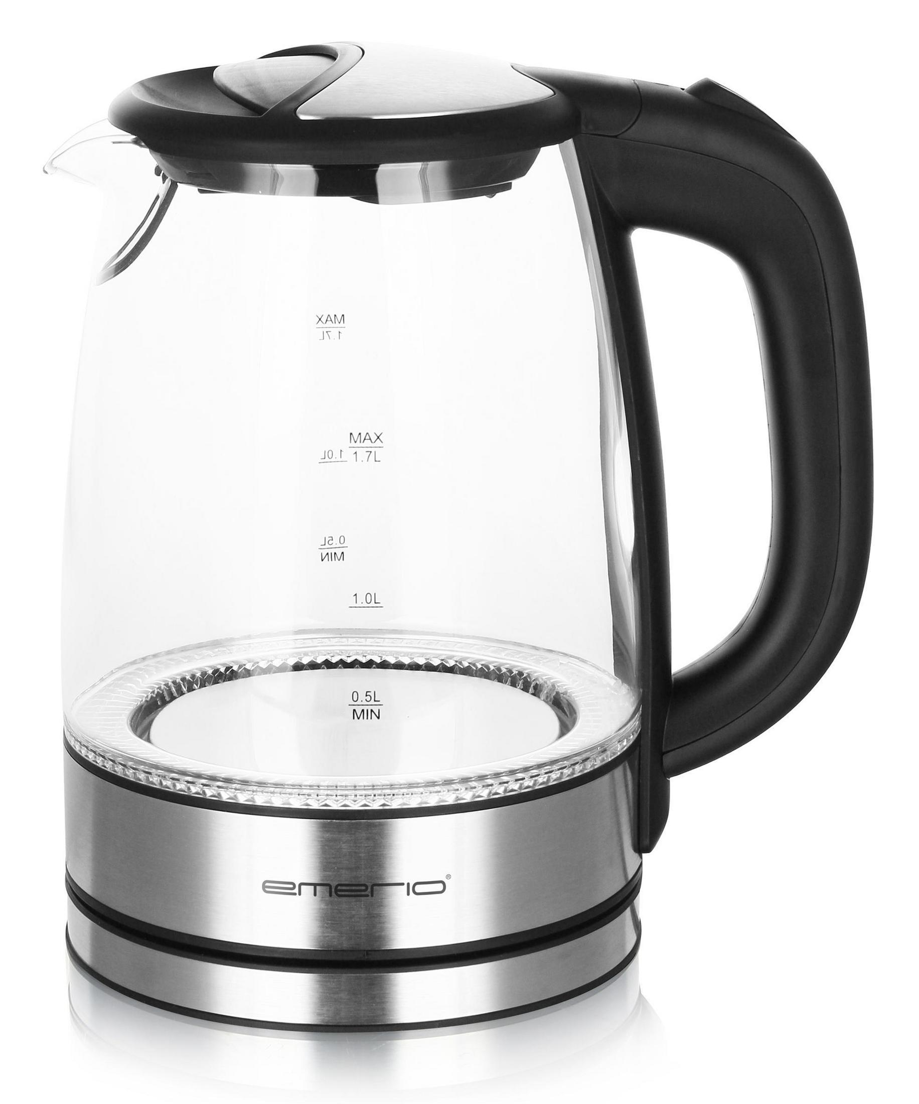 Bollitore elettrico in vetro trasparente con manico nero e base argentata, etichettato emerio.