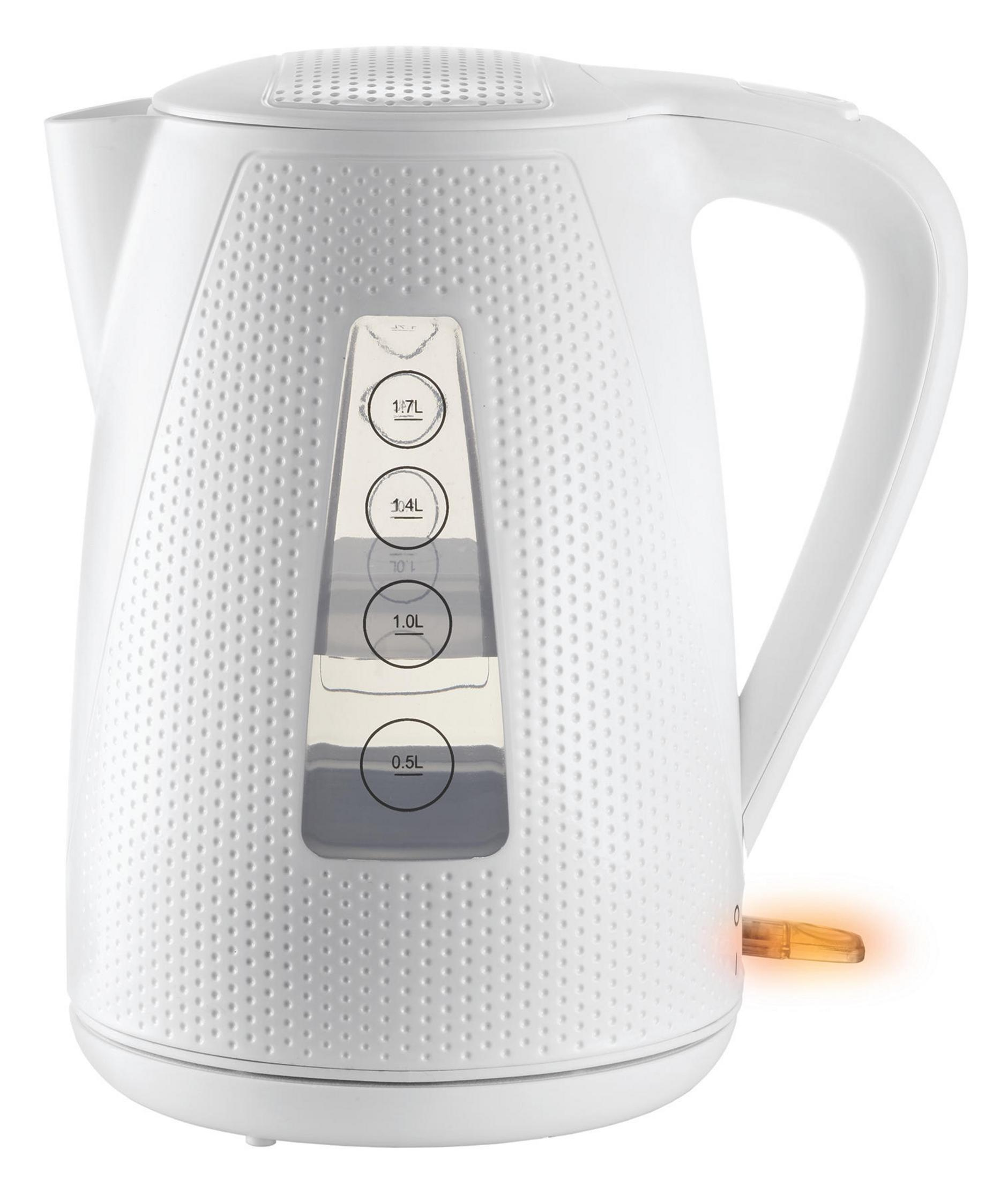 Biały czajnik elektryczny ze wskaźnikiem poziomu wody. Ma uchwyt i pomarańczowe światło.