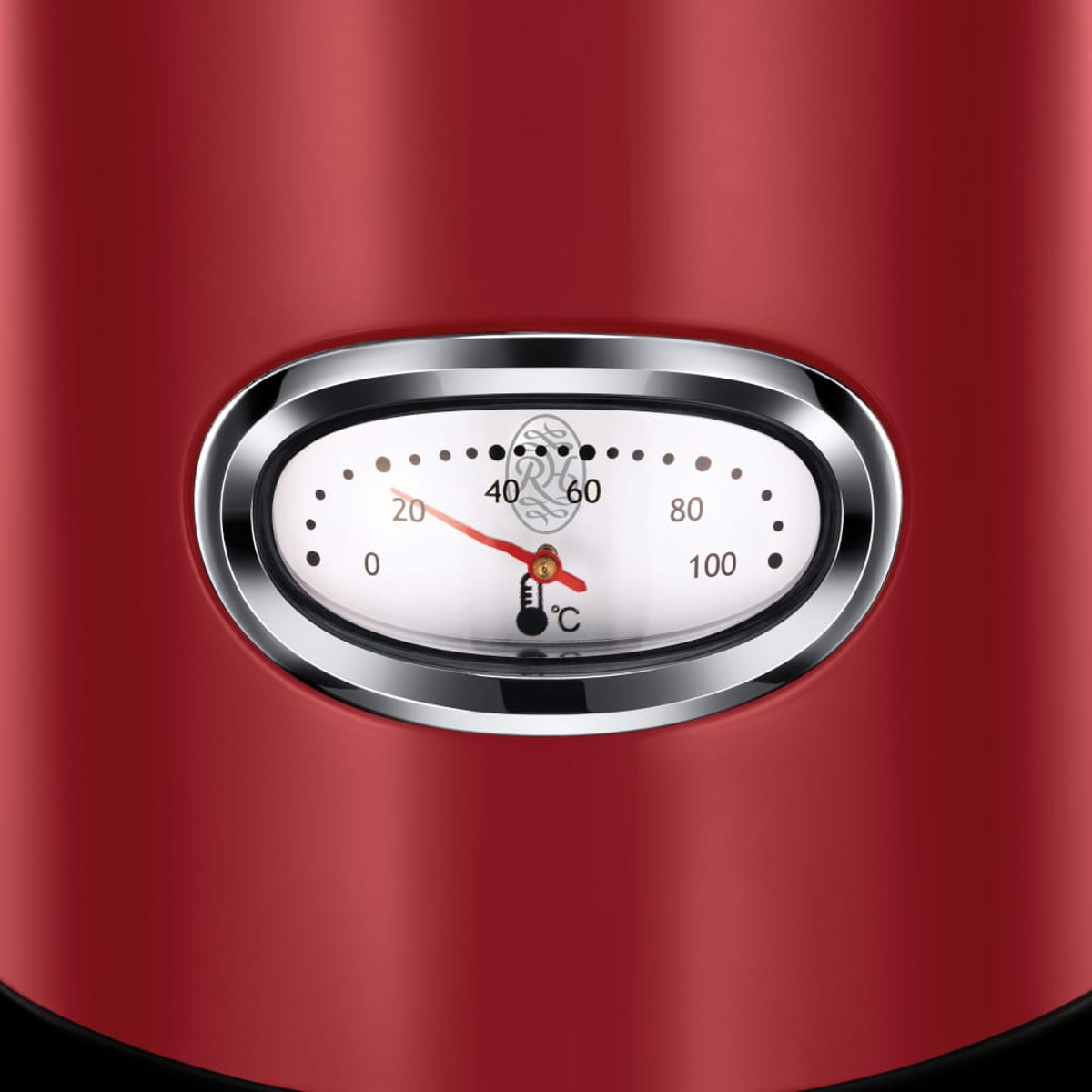 Ein roter Wasserkocher mit Temperaturanzeige. Die Anzeige zeigt die Temperatur in Celsius, bei 40°C.