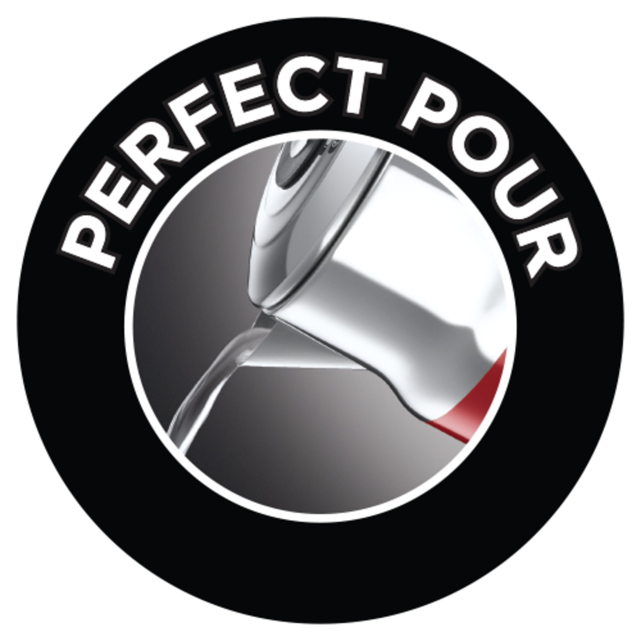 Nahaufnahme eines Wasserkochers, der Wasser ausgießt. Text: 'Perfect Pour' auf einem schwarz-weißen Kreis.