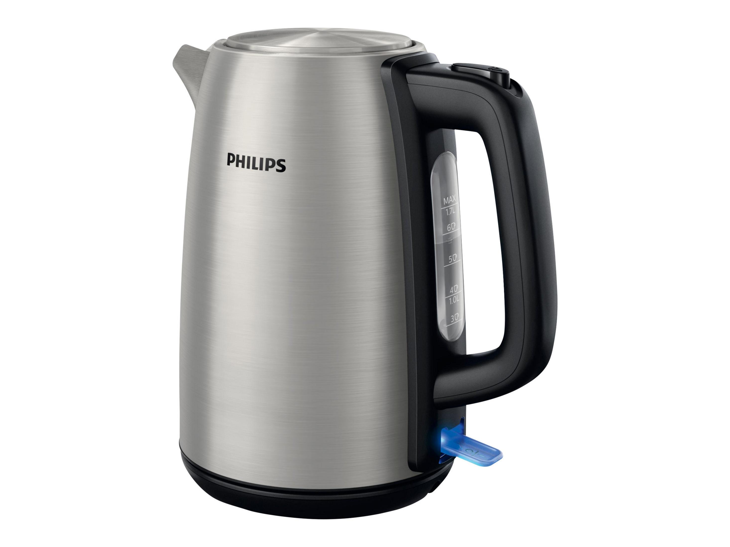 Srebrny czajnik Philips z czarnym uchwytem i niebieskim światłem.