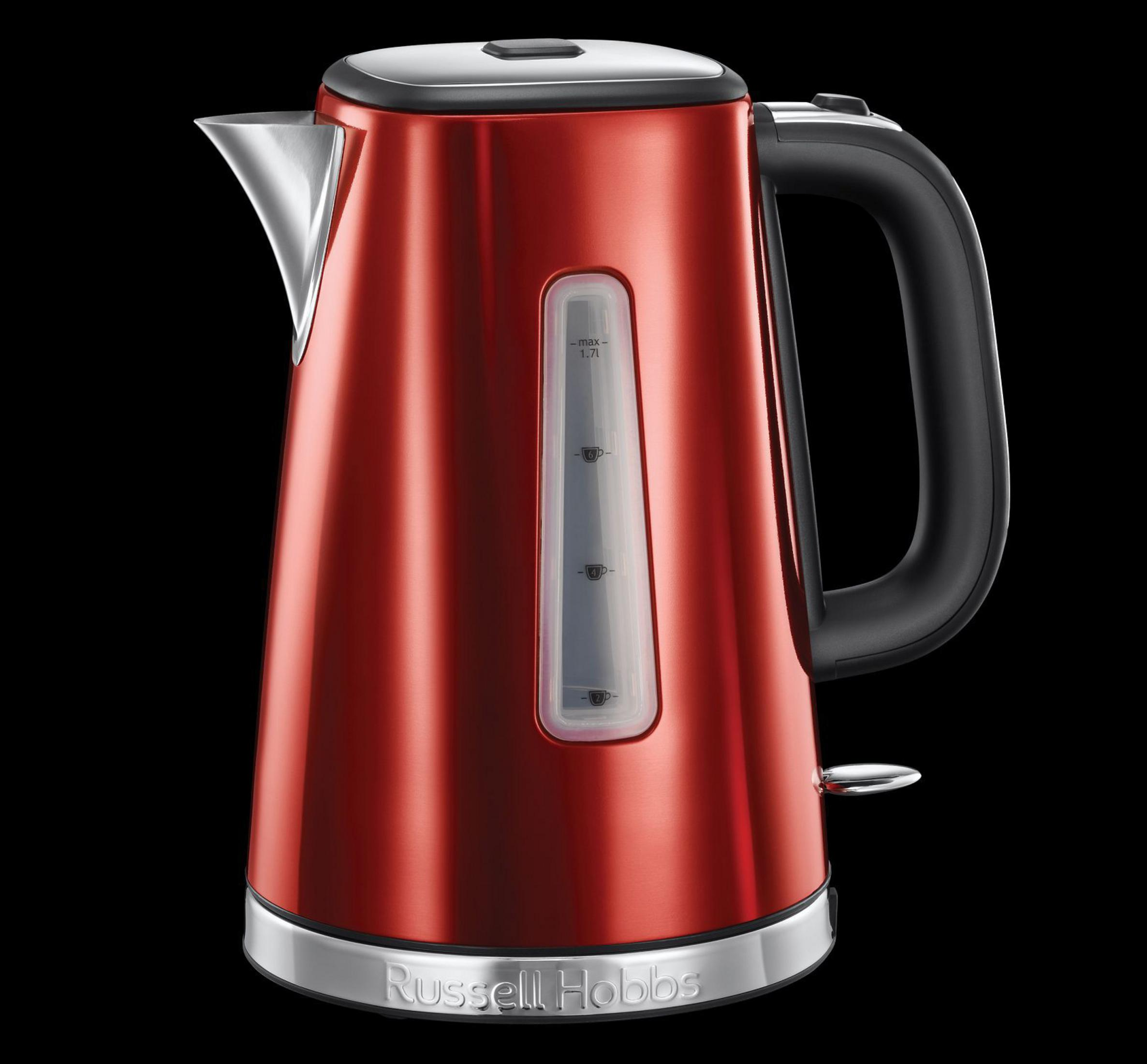 Bouilloire électrique rouge avec poignée et bec noirs. Fenêtre de niveau d'eau visible.