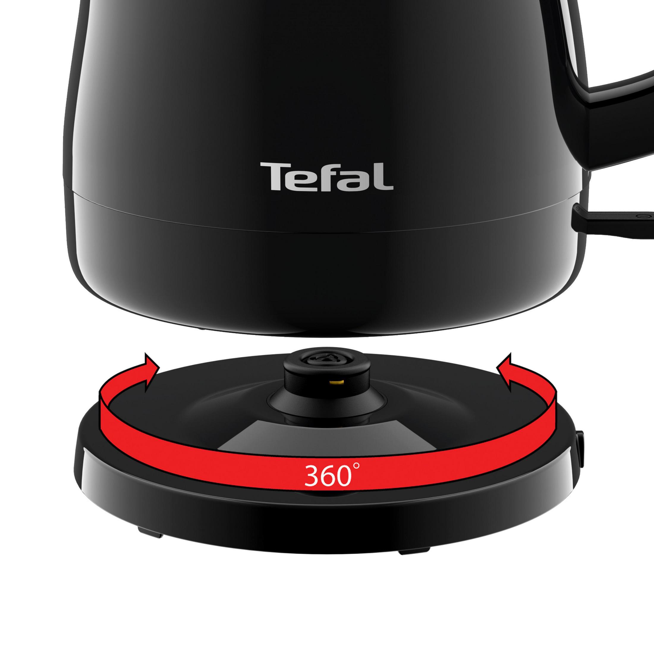 Schwarzer Wasserkocher auf Sockel. Roter Pfeil zeigt 360° Drehung. Tefal-Logo sichtbar.