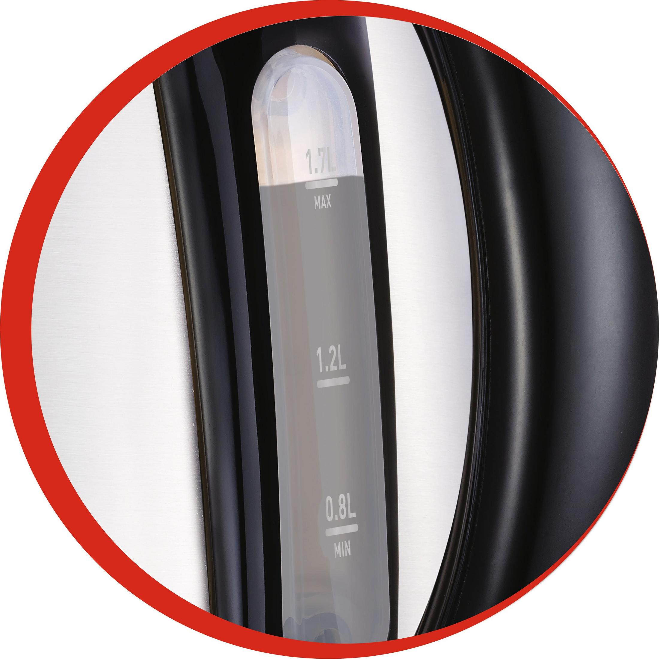 Zbliżenie czarnego czajnika pokazujące wskaźnik poziomu wody.