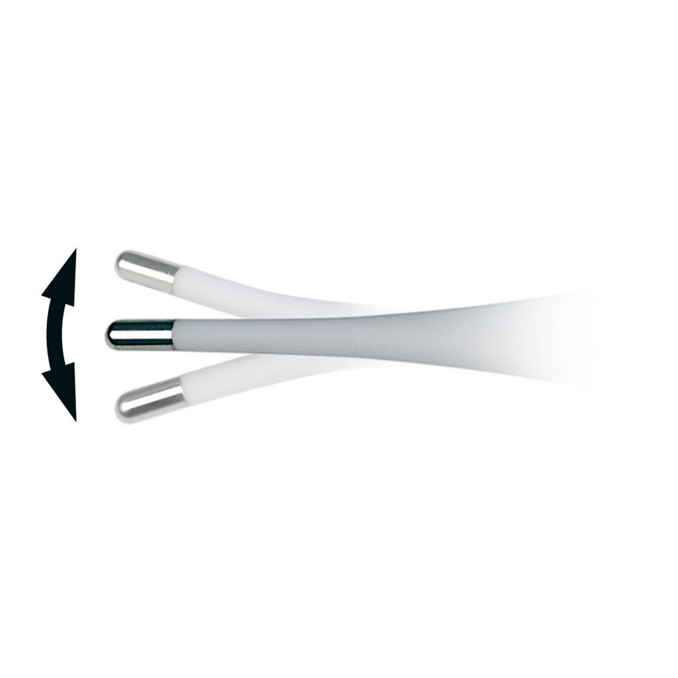 Urządzenie medyczne z trzema regulowanymi końcówkami, pokazane ze strzałką wskazującą ruch.