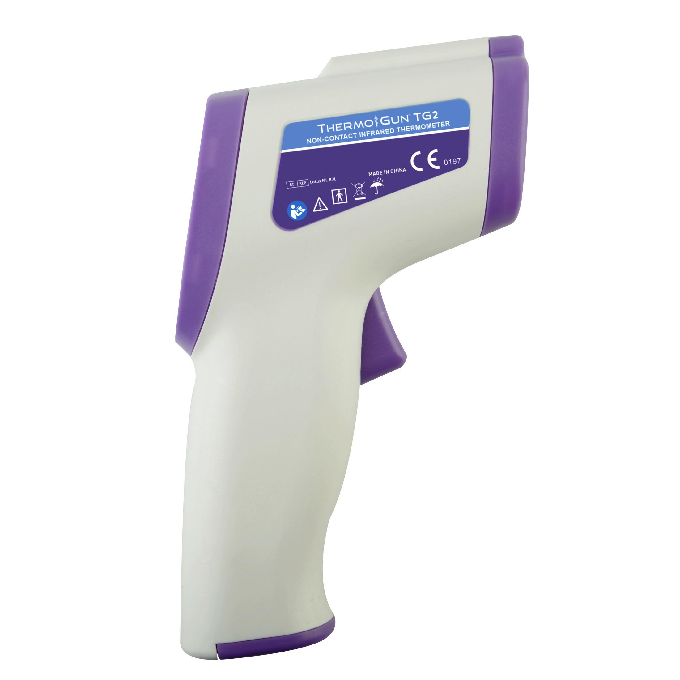 Ein weißes und lila kontaktloses Infrarot-Thermometer mit Text: "Thermo Gun TG2", "Non-contact Infrared Thermometer".