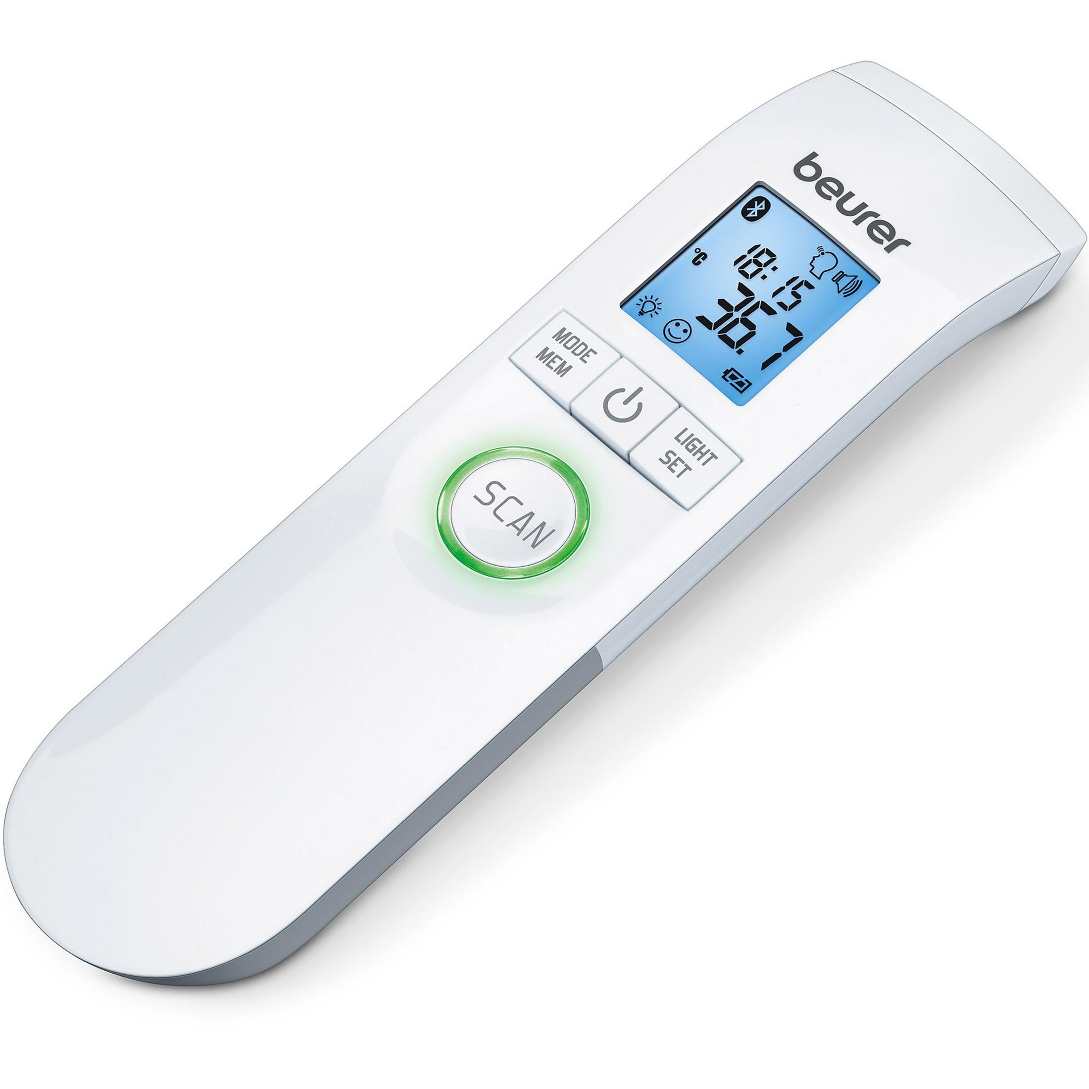 Weißes Infrarot-Thermometer mit grünem Scan-Knopf, das eine Temperatur anzeigt.
