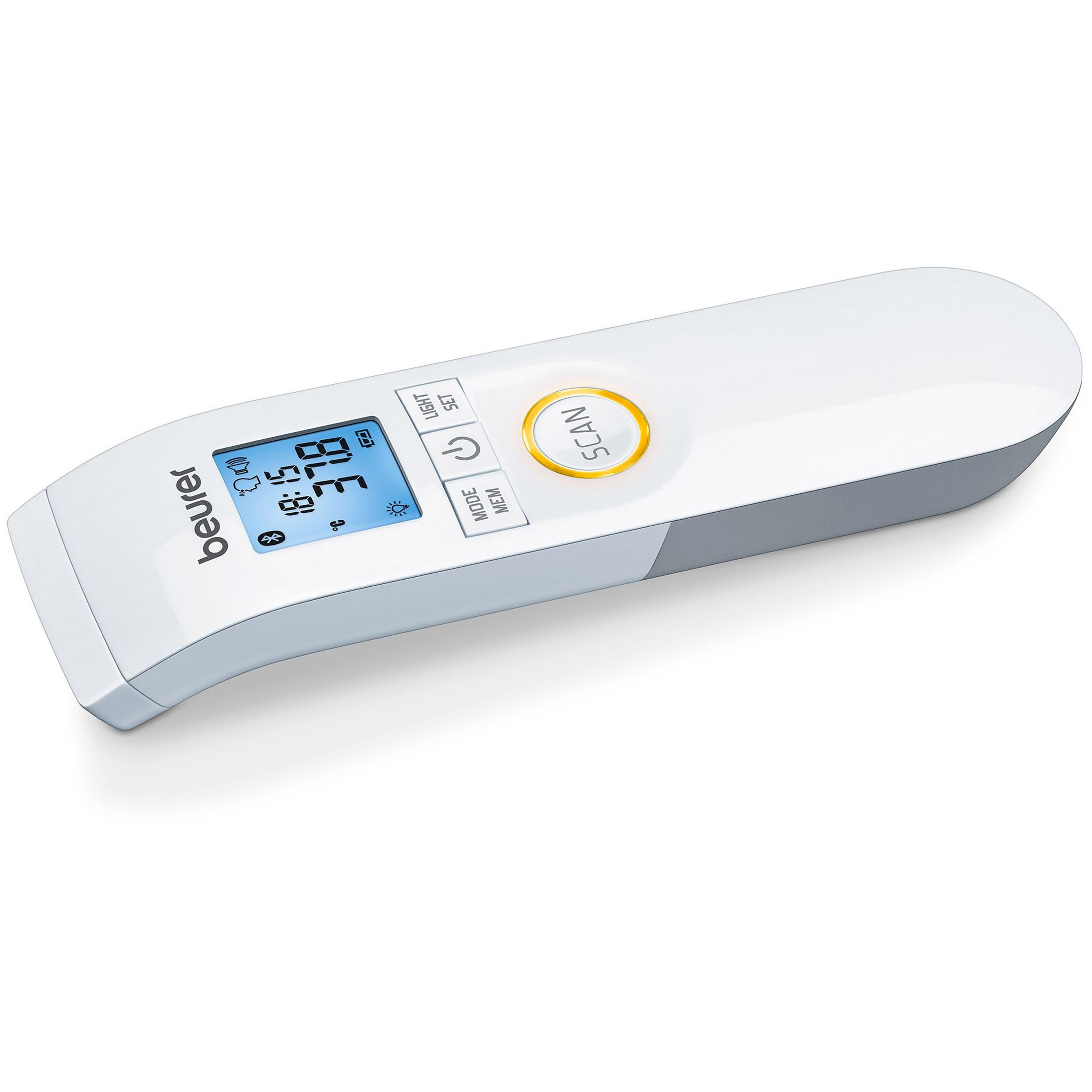 Weißes Infrarot-Thermometer mit blauem Bildschirm und Knöpfen.