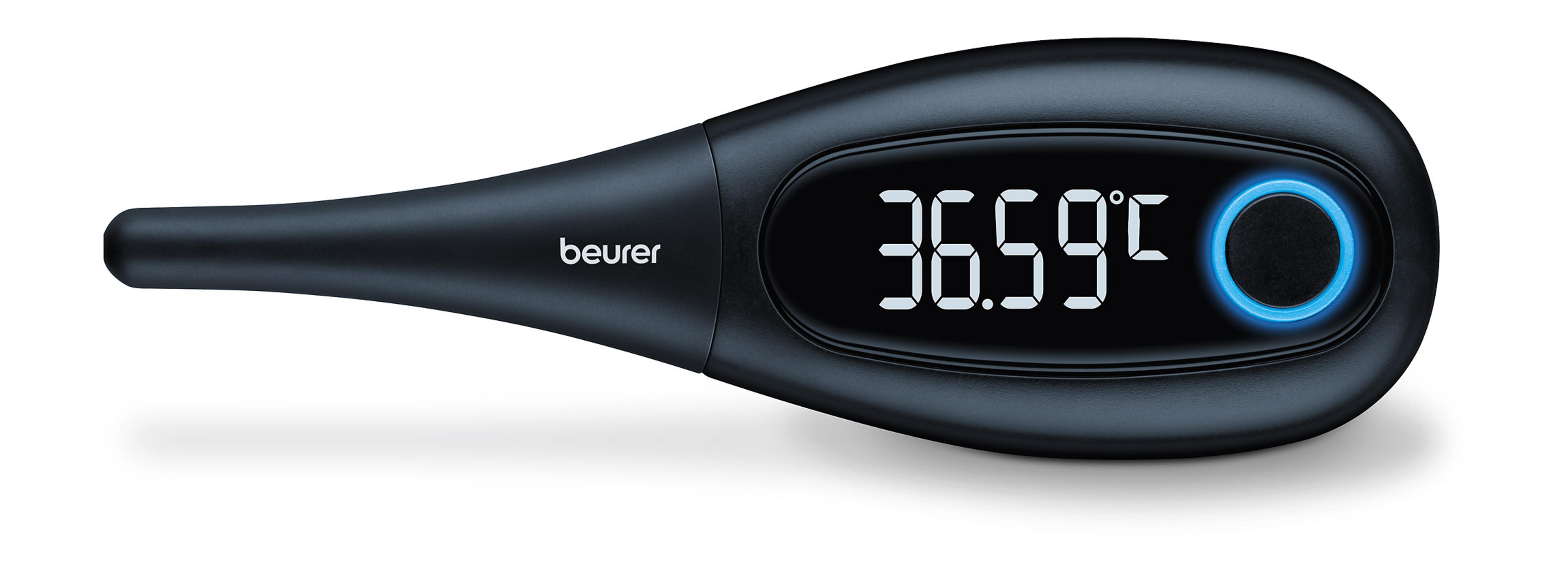 Schwarzes digitales Thermometer mit Anzeige von 36,59°C. Es befindet sich auf weißem Hintergrund.