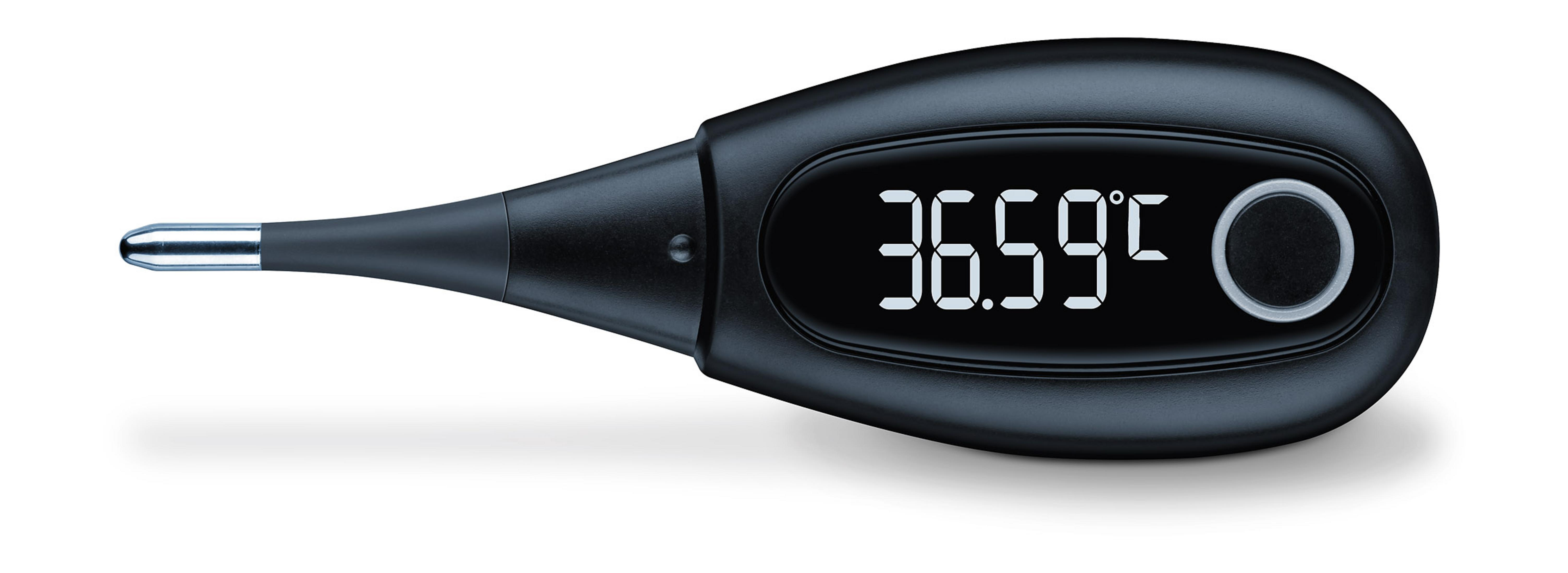 Ein schwarzes digitales Thermometer, das 36,59 Grad Celsius auf weißem Hintergrund anzeigt.
