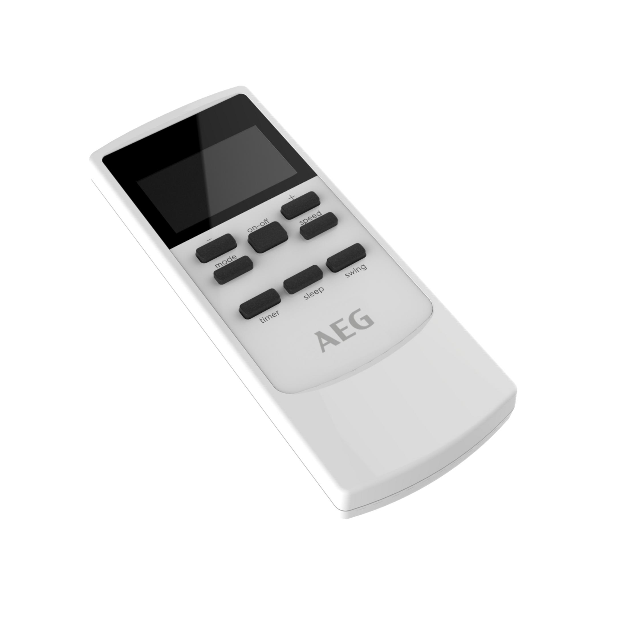 Biały pilot do klimatyzacji AEG z kilkoma opisanymi przyciskami.