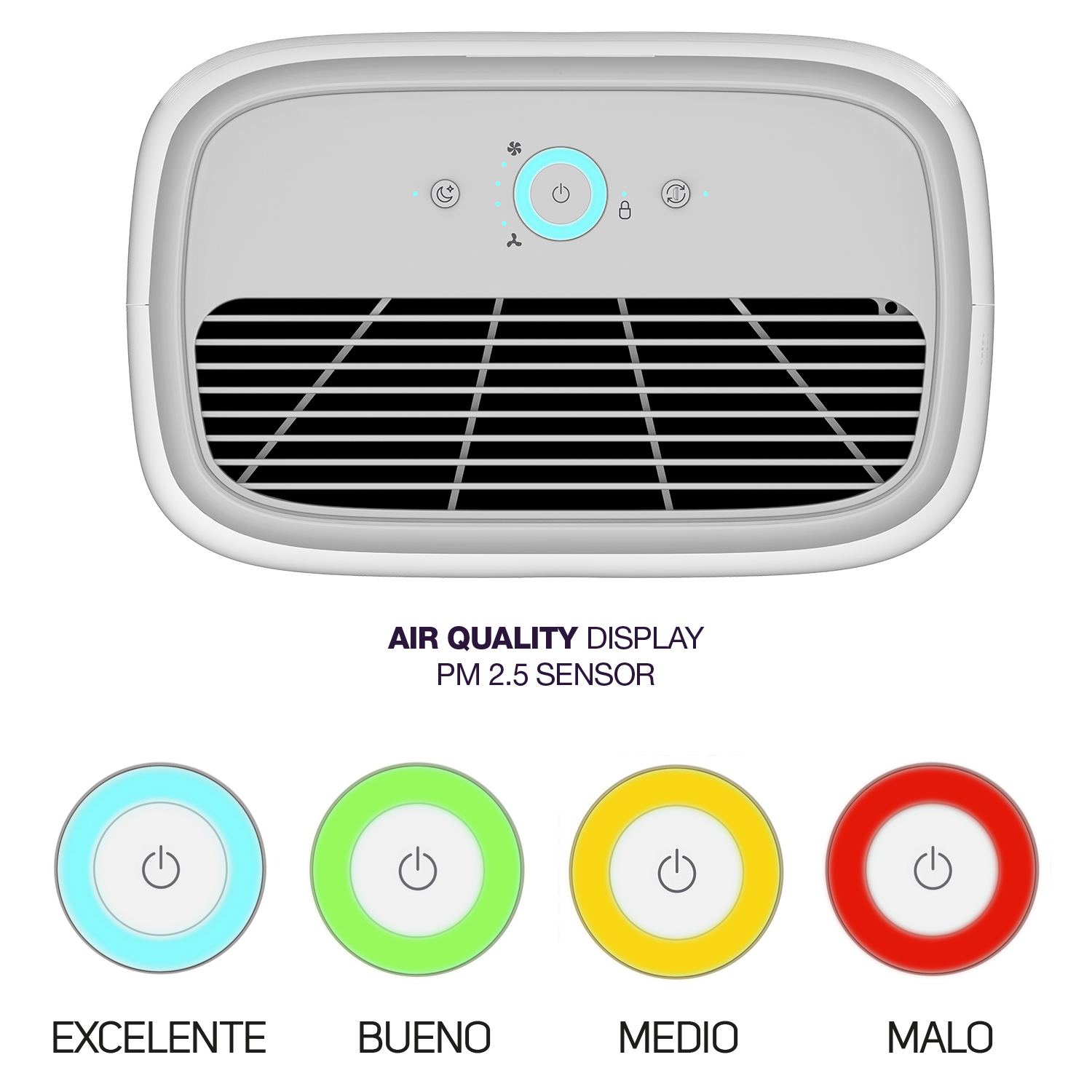 Monitor di qualità dell'aria con uno schermo che mostra una luce verde che indica una buona qualità dell'aria. Il testo recita "BUENO".