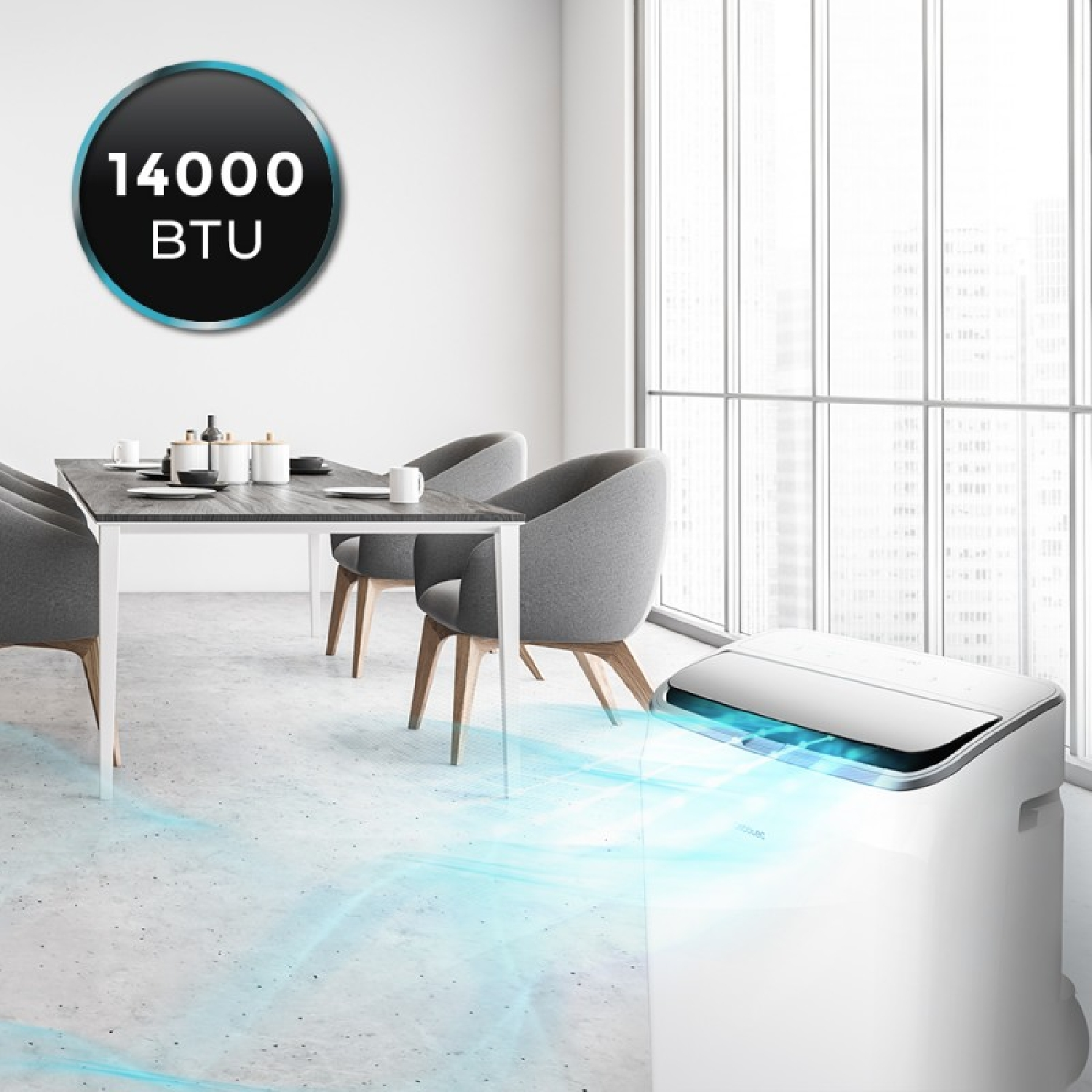 Un comedor moderno con aire acondicionado soplando aire fresco y una mesa.