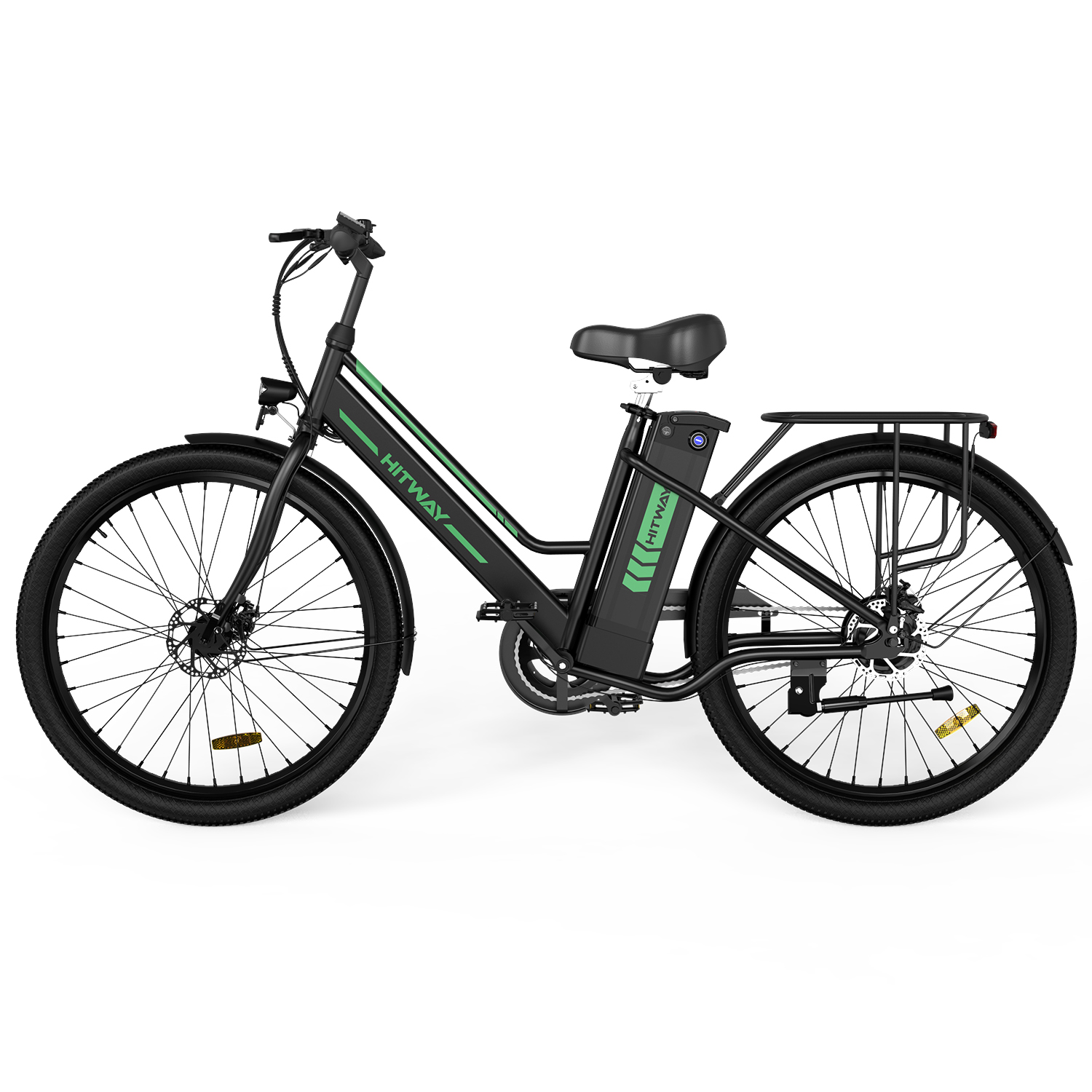Ein schwarzes Elektrofahrrad mit grünen und weißen Akzenten auf weißem Hintergrund.