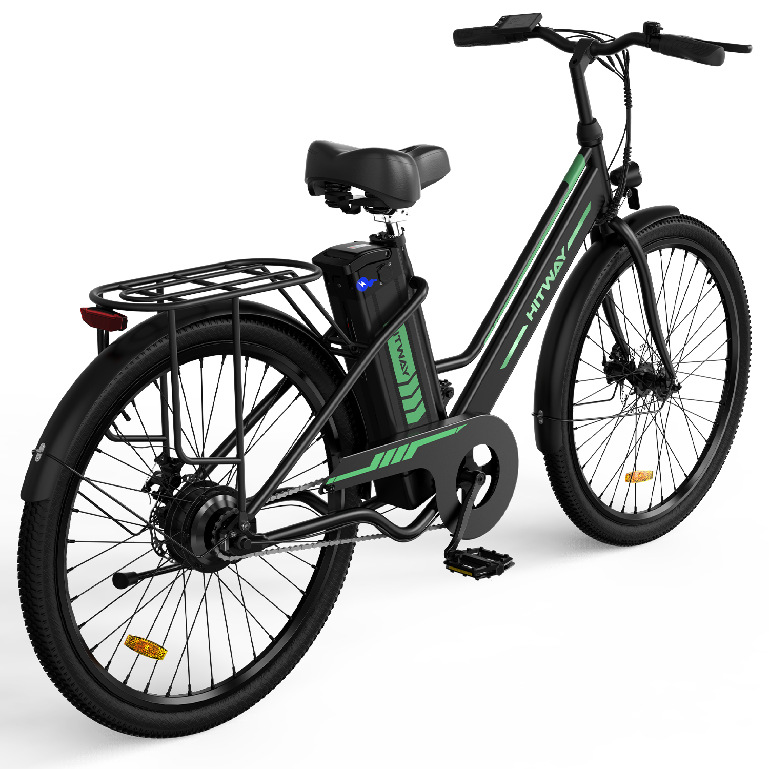 Schwarzes Elektrofahrrad, weißer Hintergrund, mit grünen Akzenten, aus einem Winkel.