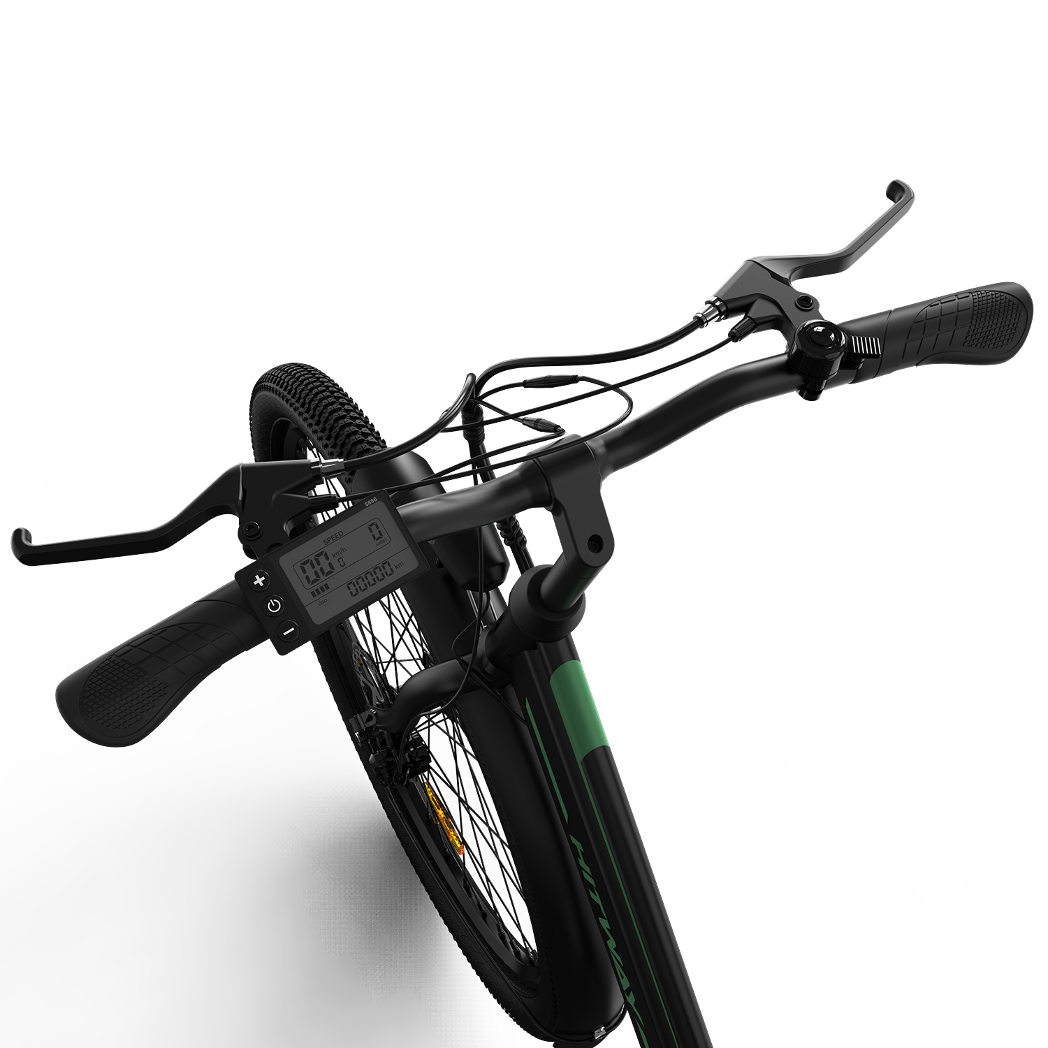 Schwarzer und grüner Elektrofahrradlenker mit Display und Hebeln.