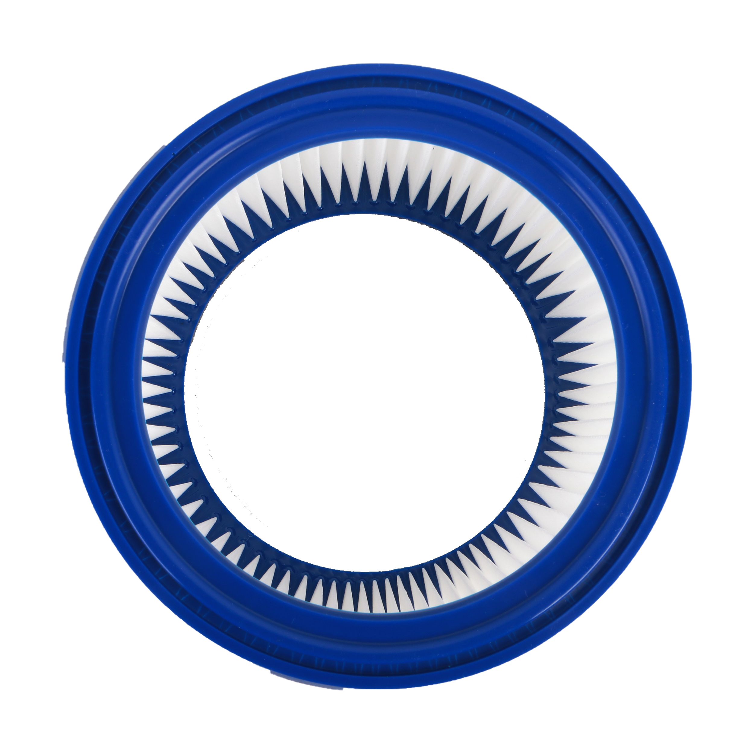 Blau-weißer Luftfilter, runde Form mit abwechselnden weißen Zacken um den Innenkreis.