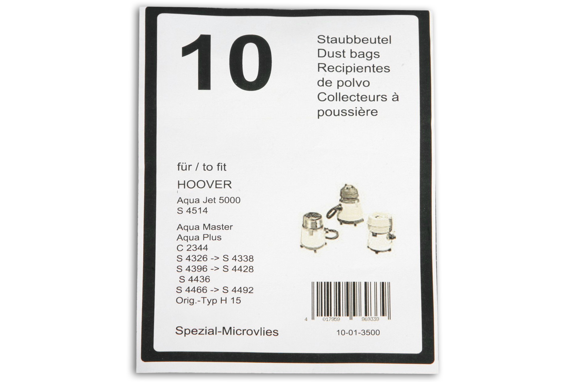 Verpackung für Staubsaugerbeutel, mit Auflistung der Modelle und Spezifikationen.