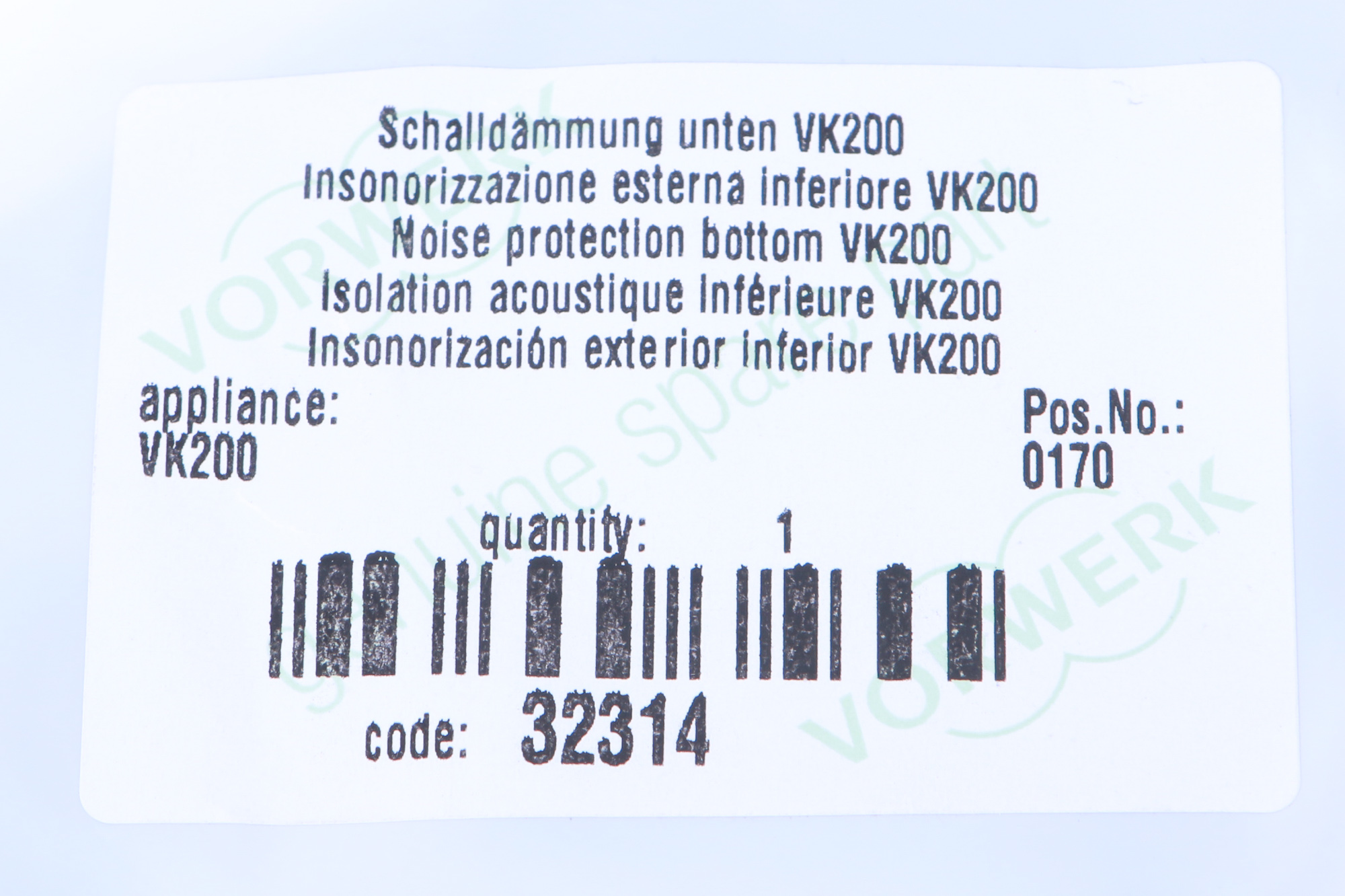 Ein weißer Aufkleber mit schwarzem Text. Es enthält die Worte 'Noise protection bottom' und einen Barcode.