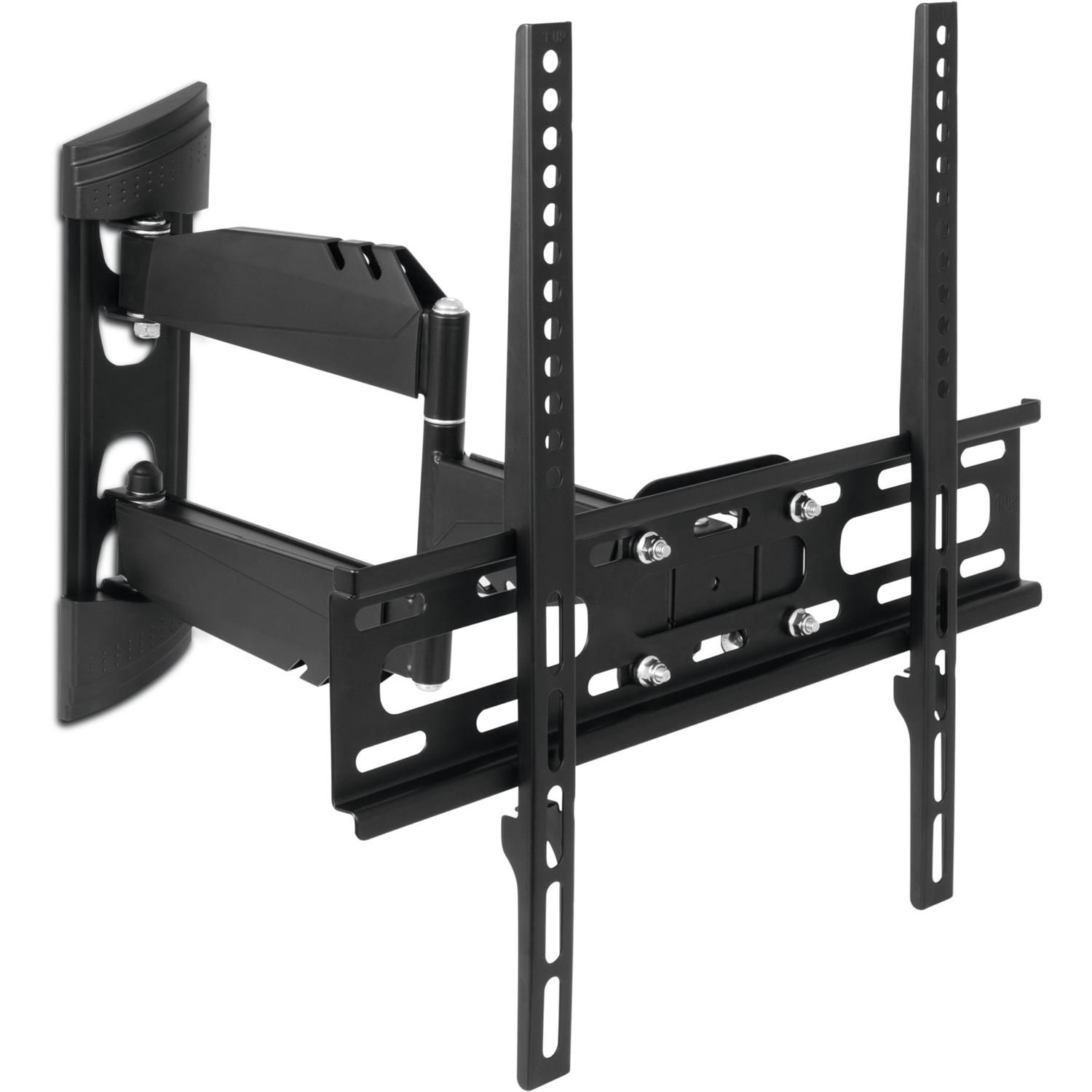 Eine schwarze TV-Wandhalterung mit mehreren Gelenken und Befestigungspunkten, bereit zur Installation.