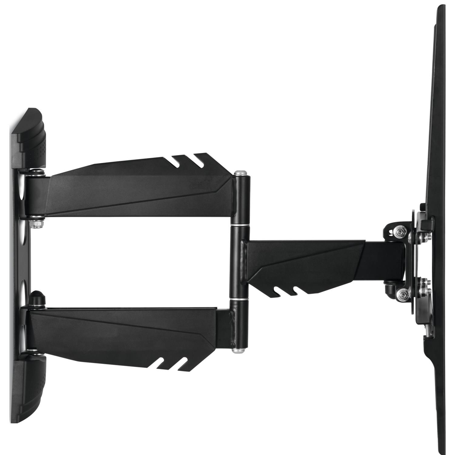 Eine schwarze TV-Wandhalterung, ausgefahren mit angebrachtem TV, auf weißem Hintergrund.