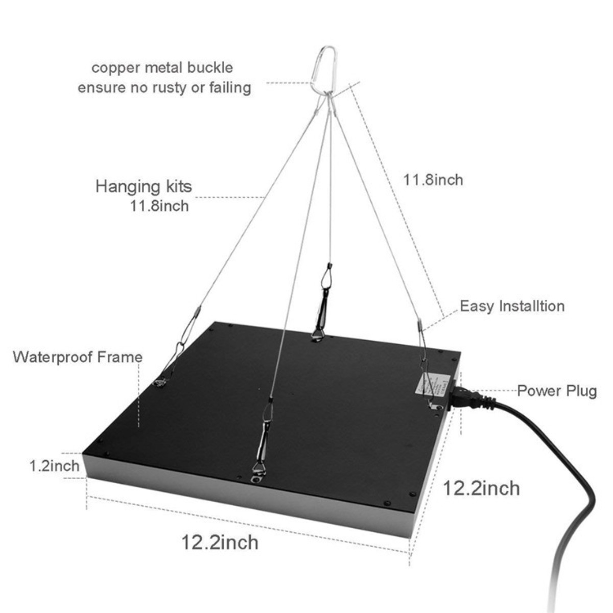 Eine quadratische, schwarze LED-Wachstumslampe mit Netzkabel, Aufhängesatz und beschrifteten Abmessungen.