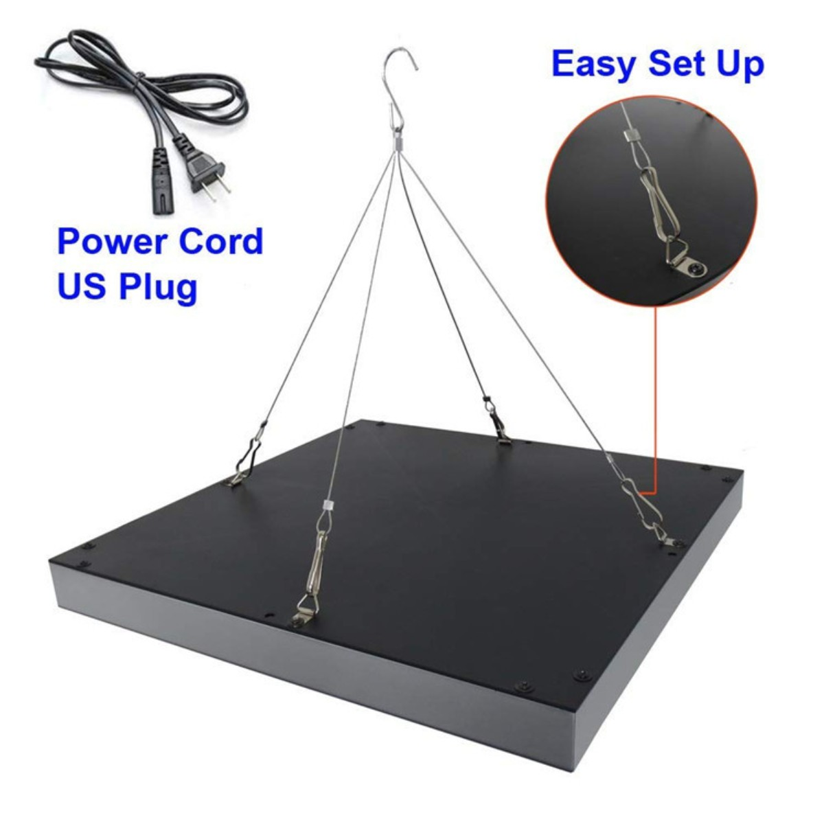 Ein schwarzes Panel-Licht mit Netzkabel und Text, der „Easy Set Up“ anzeigt.