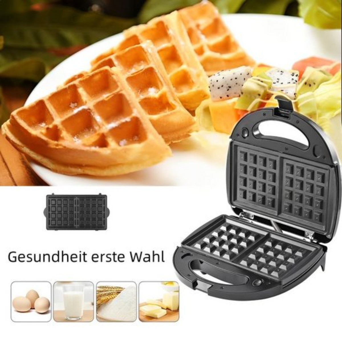 Ein Waffeleisen mit Waffeln und einem Teller Salat und Waffeln. Zutaten sind in der Ecke.