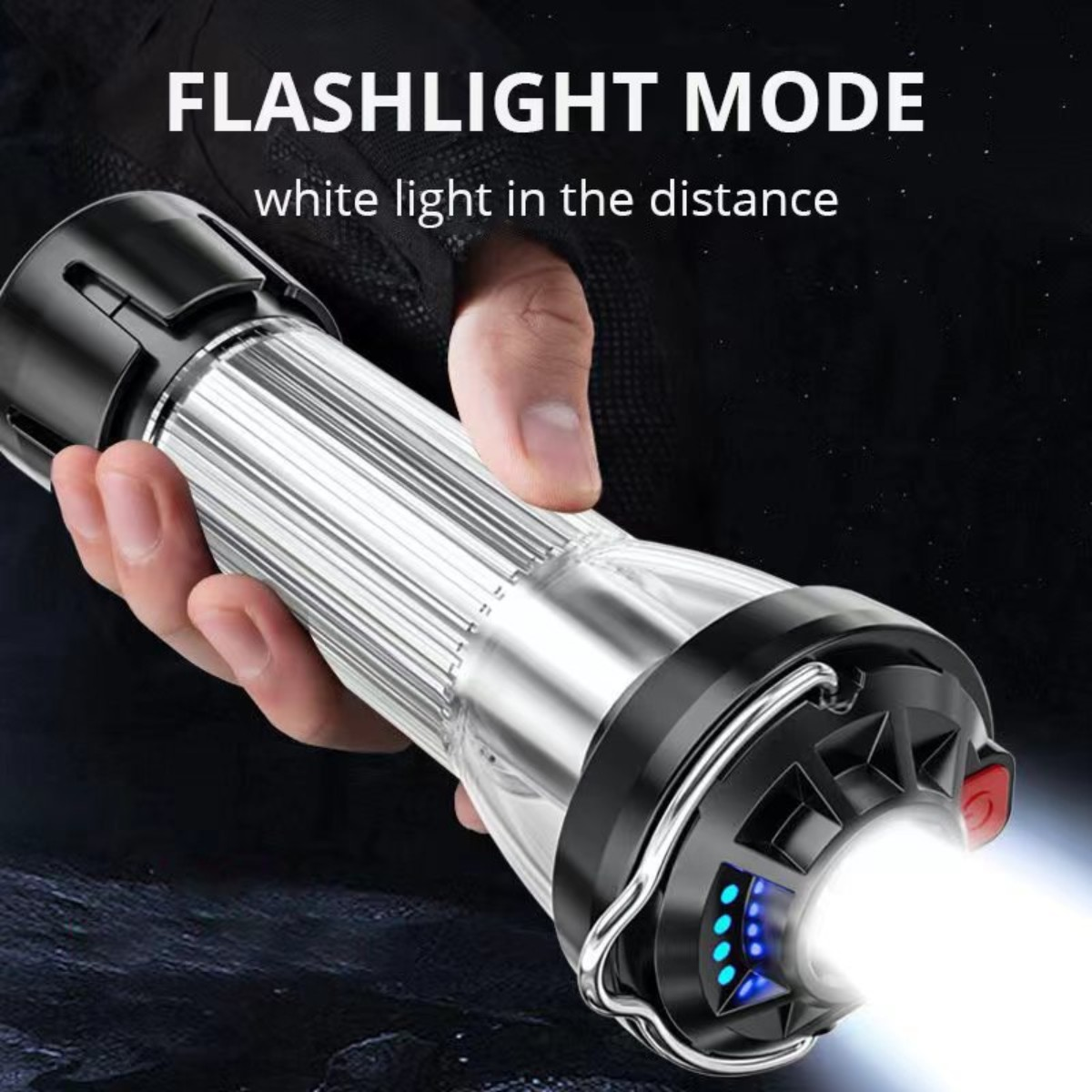 Hand hält Taschenlampe, die helles weißes Licht aussendet. Text sagt 'Taschenlampenmodus'.