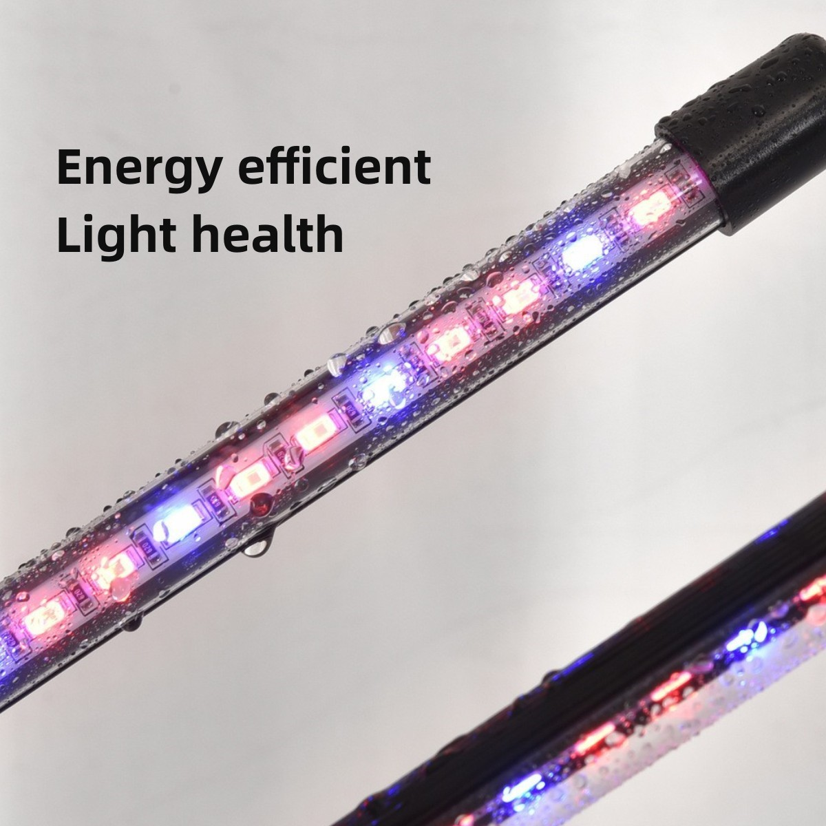 Dos tiras de luces LED, con una mezcla de luces rojas, azules y moradas, con superficie húmeda.