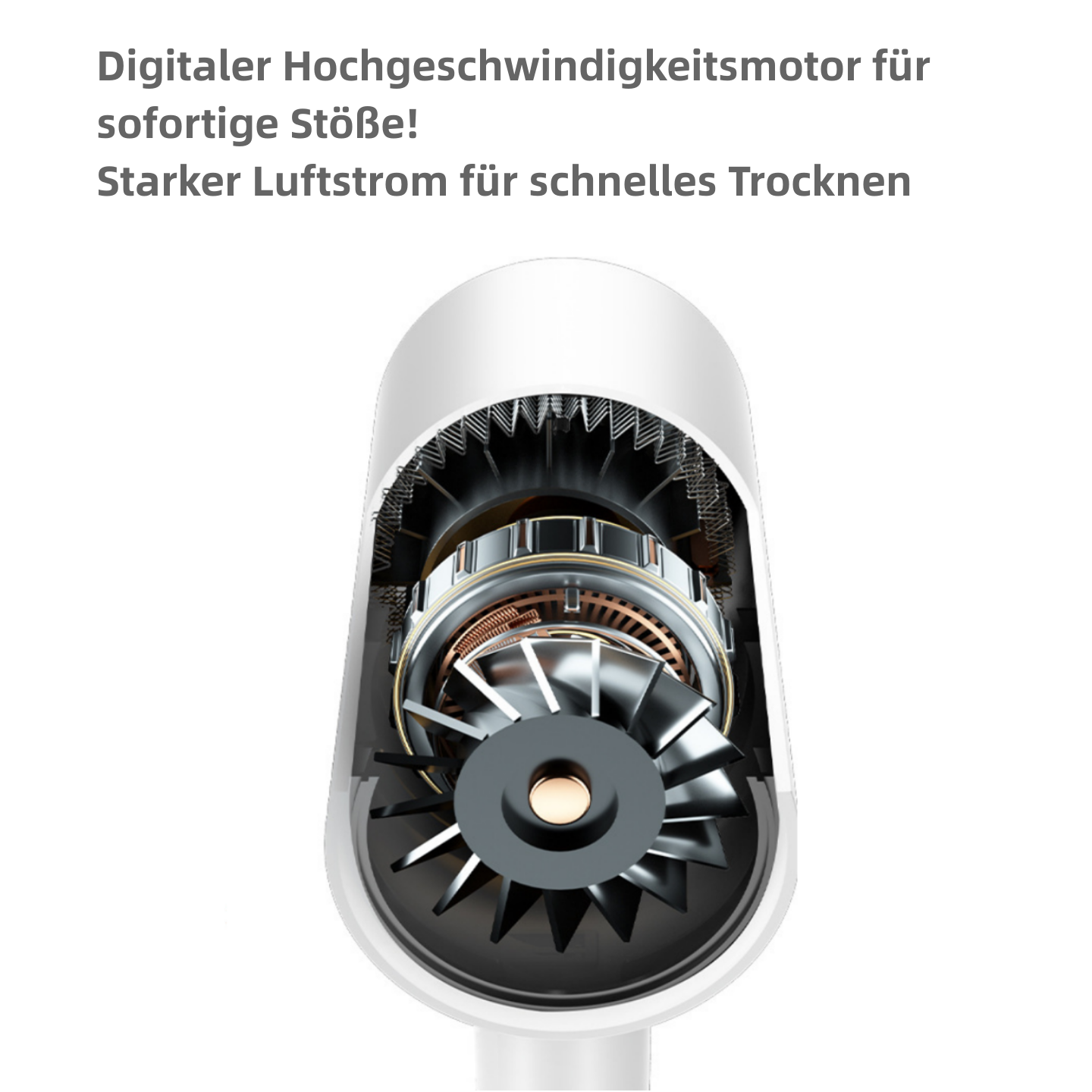 Schnittzeichnung eines weißen Haartrockners mit digitalem Hochgeschwindigkeitsmotor. Klingen sichtbar.