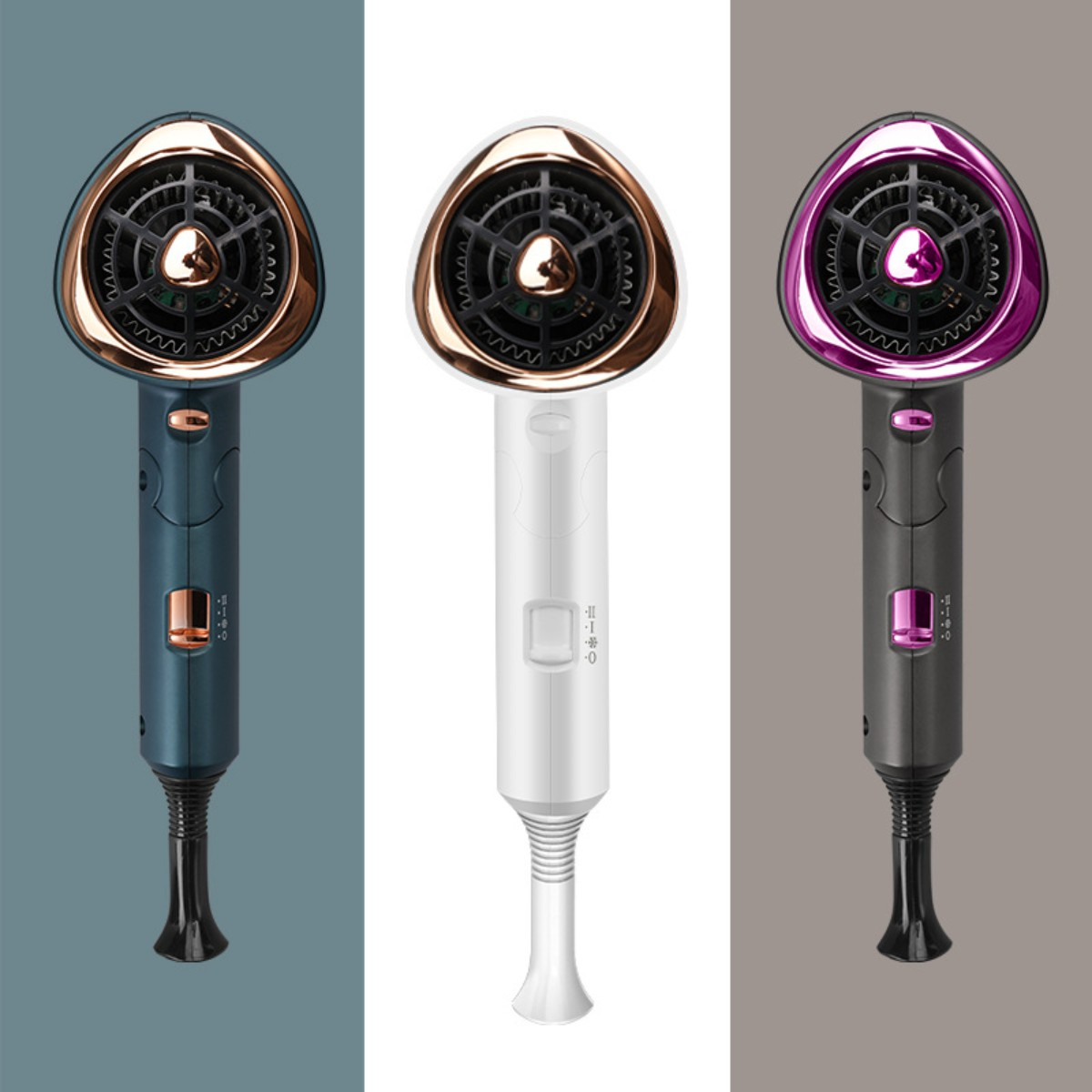 Tres secadores de pelo en diferentes colores sobre fondos coloreados.