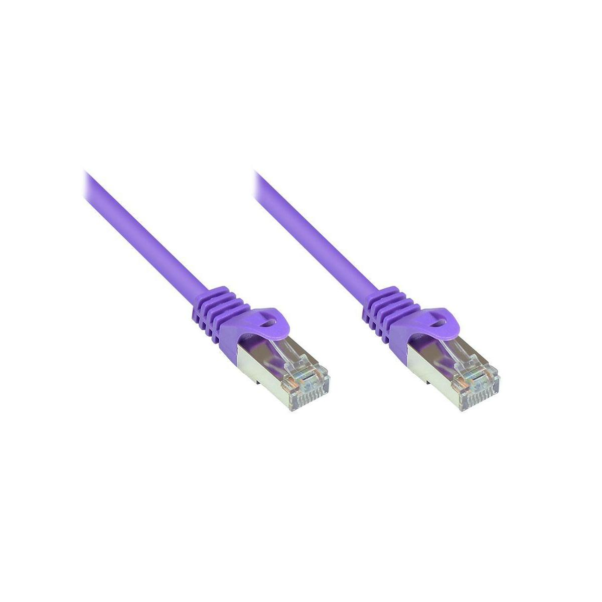 Zwei lila Netzwerkkabel mit RJ45-Anschlüssen, weißer Hintergrund.