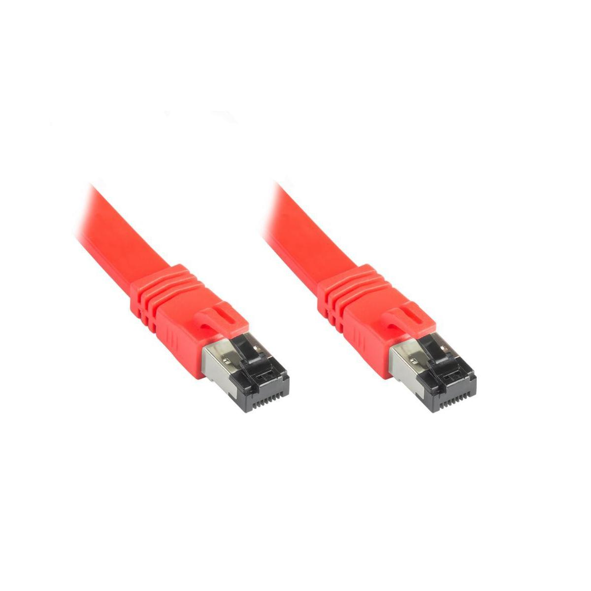Zwei rote Netzwerkkabel mit RJ45-Anschlüssen. Weißer Hintergrund.