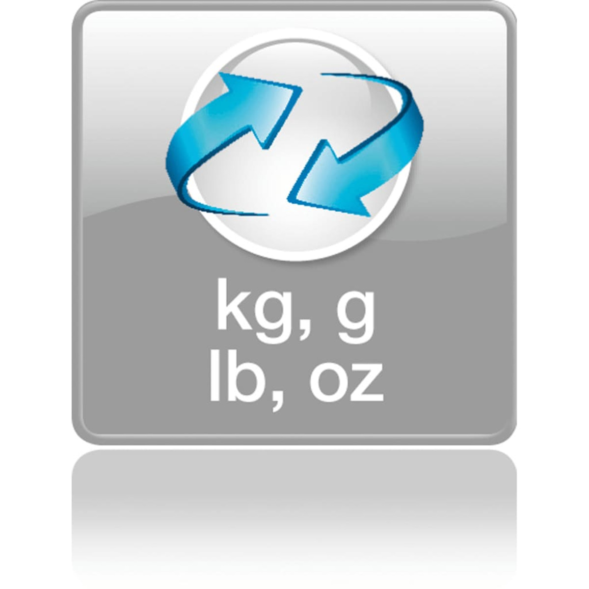 Symbol mit Recyclingpfeilen und Gewichtseinheiten: kg, g, lb, oz.