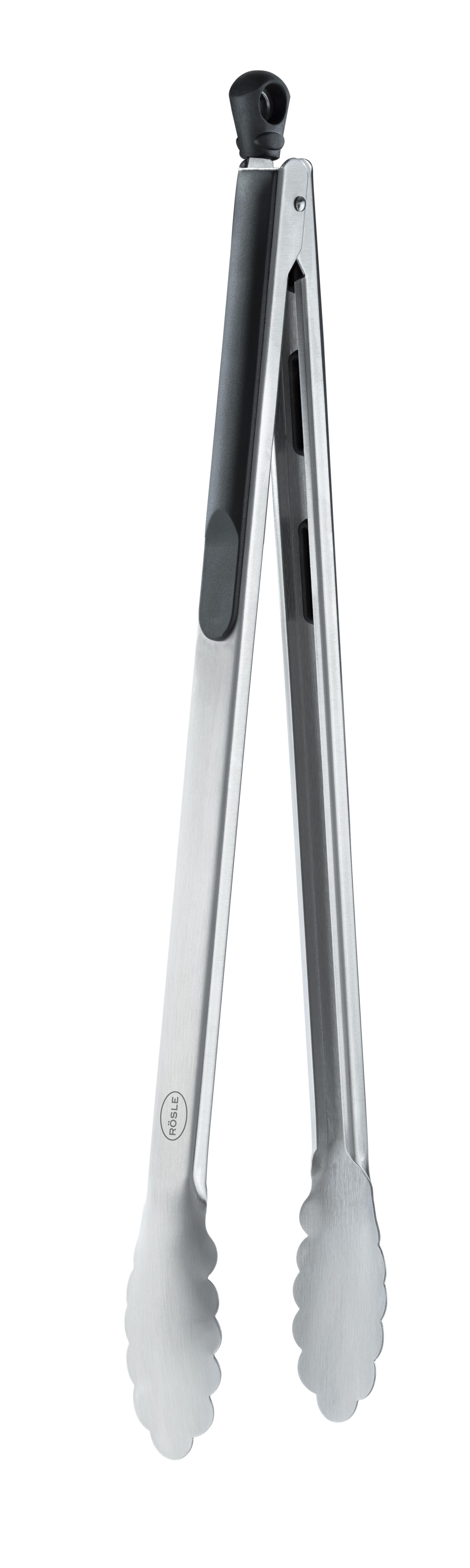 Zange aus Edelstahl. Silbernes Metall mit schwarzem Griff, offen auf weißem Hintergrund.