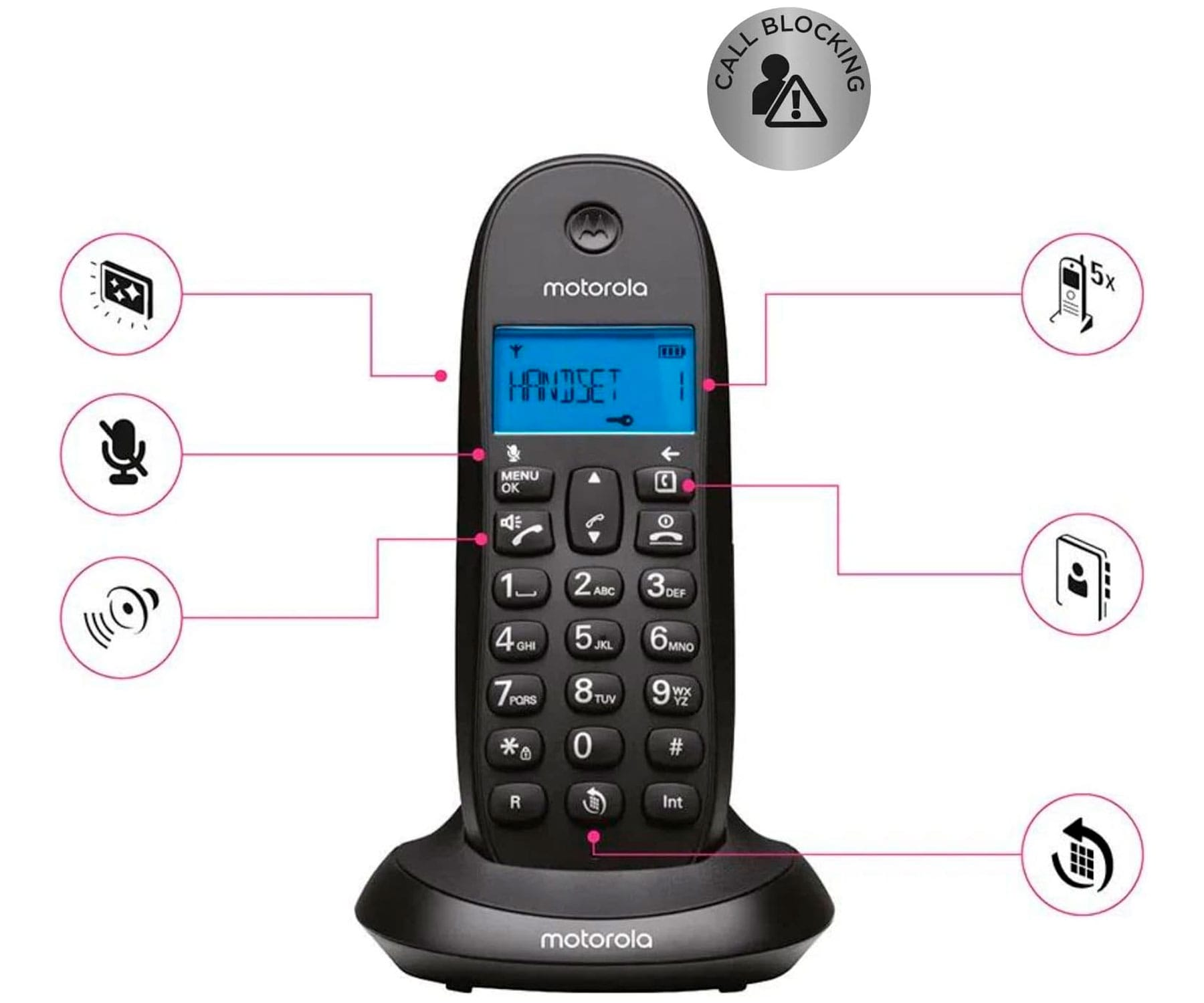 Teléfono Motorola negro sobre una base. Botones y pantalla visibles. Iconos indican funciones como bloqueo de llamadas y correo de voz.