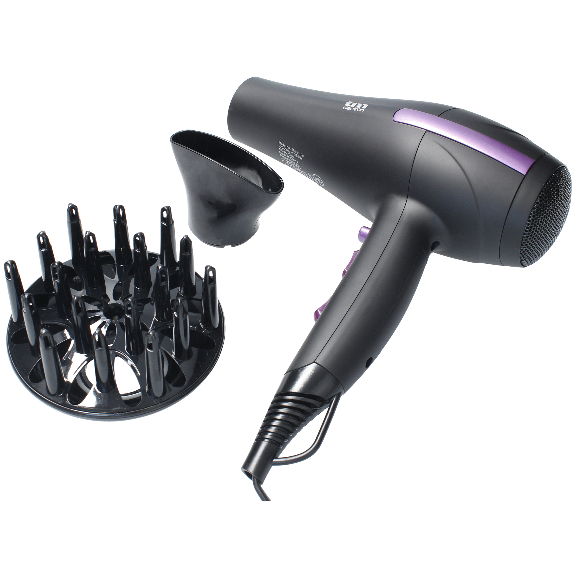 Secador de pelo negro con accesorios. Se incluye un difusor y una boquilla.