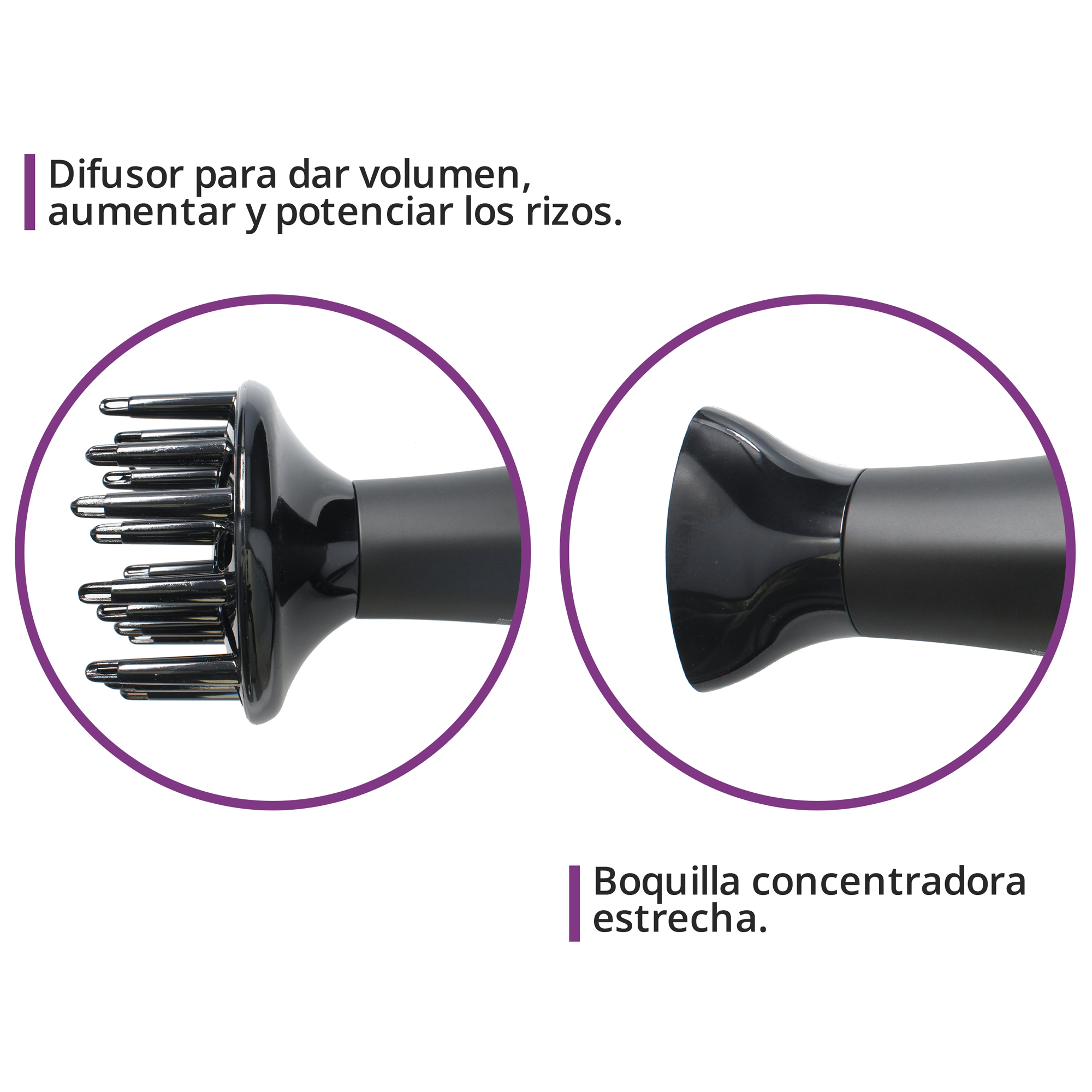 Se muestran dos accesorios de secador de pelo. Uno es un difusor, el otro una boquilla concentradora estrecha.