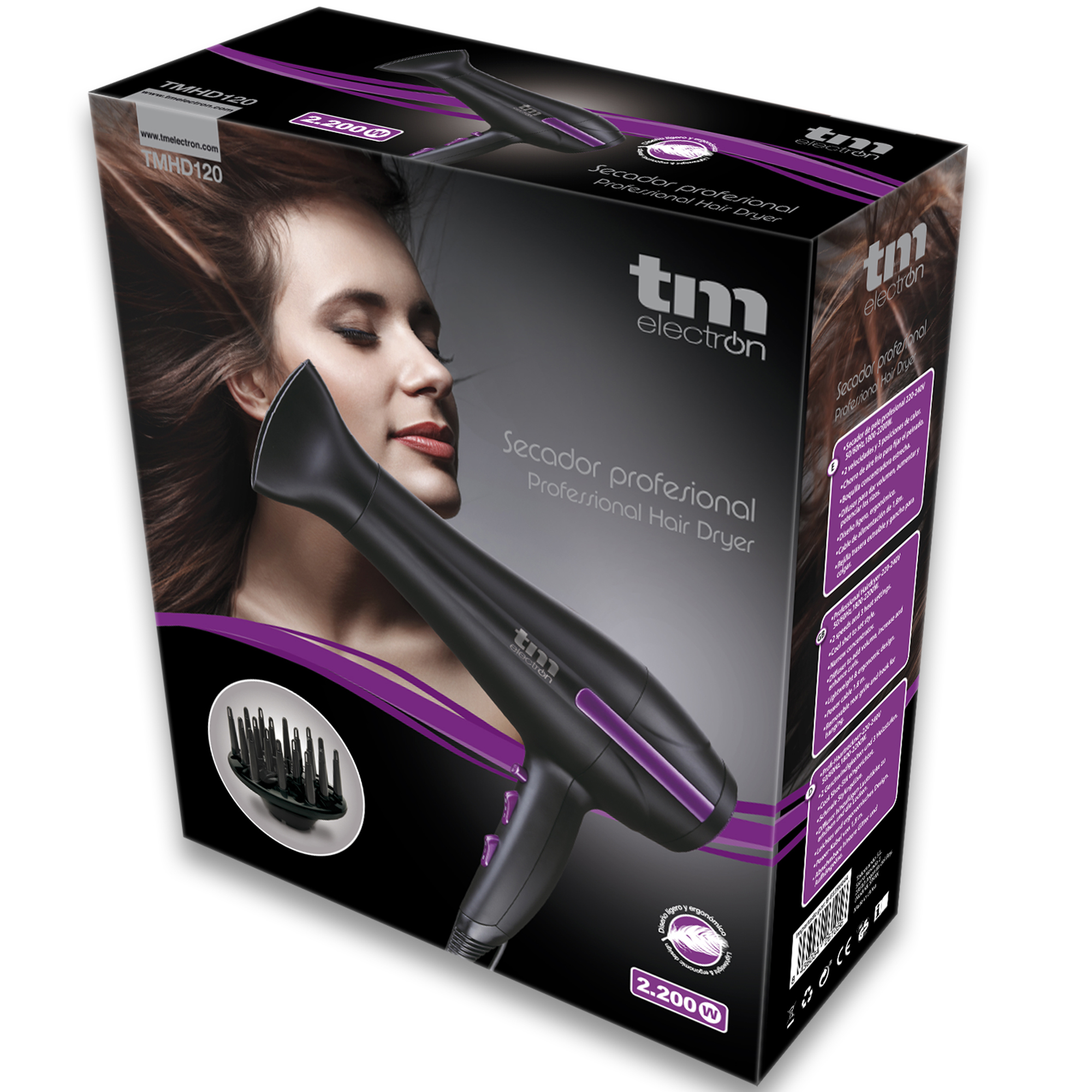 Secador de pelo negro en caja con imagen de mujer. Marca: tm electron. Acentos morados. Secador profesional.