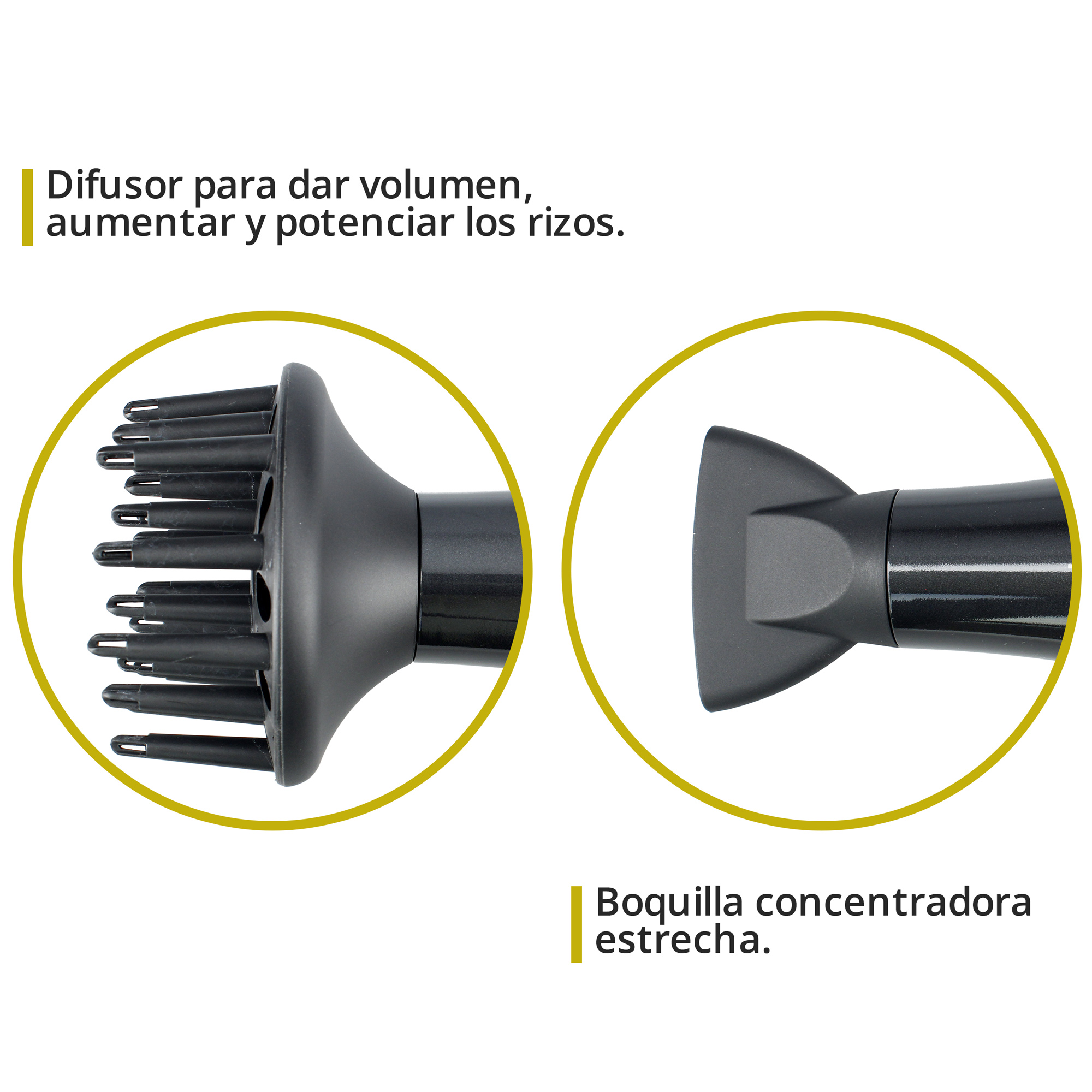 Primer plano de accesorios de secador de pelo: un difusor y una boquilla concentradora con texto.