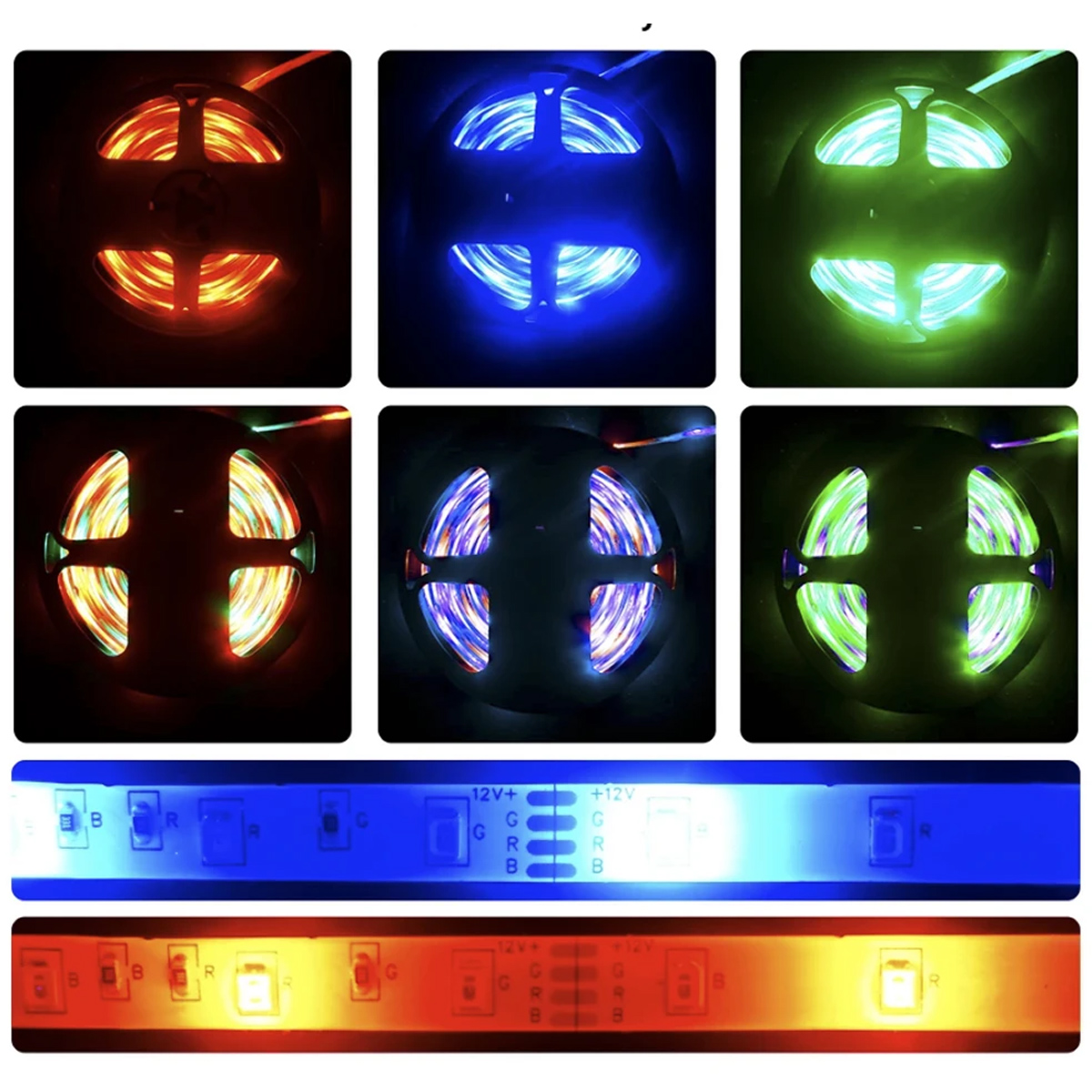 Múltiples tiras de luces LED en varios colores. Las tiras están sobre un fondo negro.