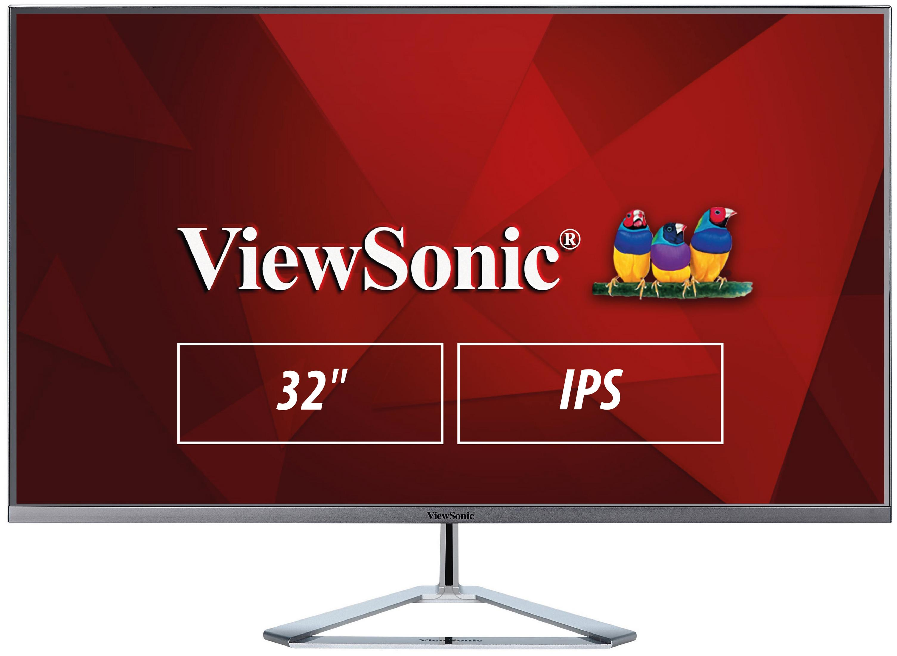 ViewSonic-Monitor mit rotem Hintergrund und Text ViewSonic, 32" und IPS. Silberner Standfuß.