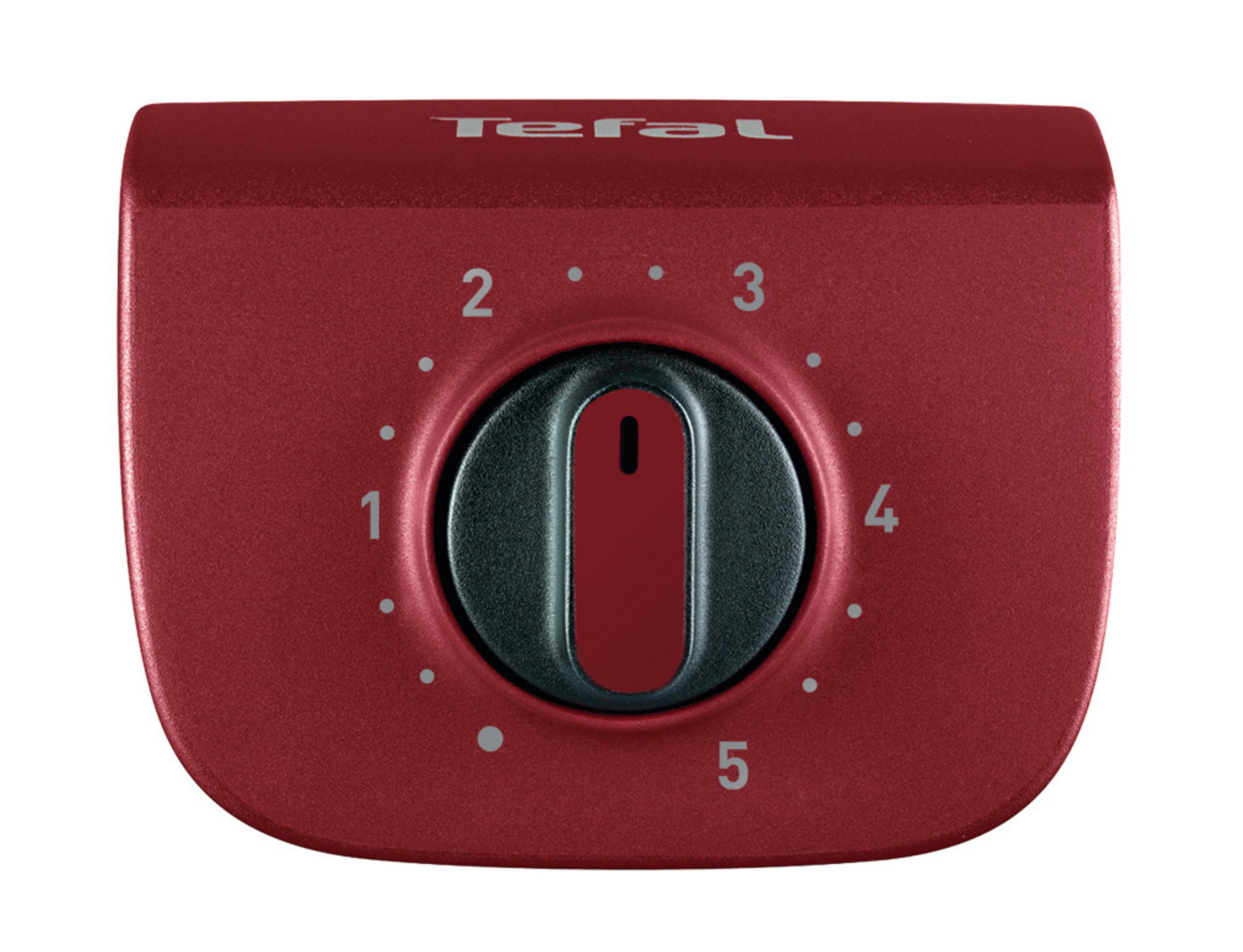Ein roter Tefal-Drehregler mit den Zahlen 1-5 und einem schwarzen Zentrum.