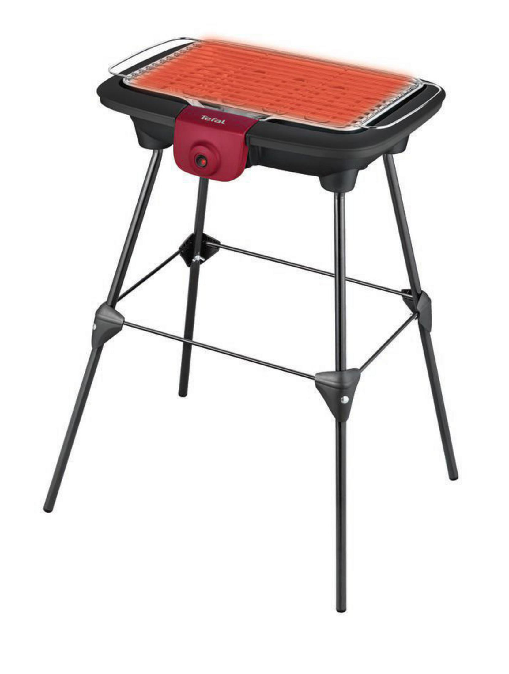 Una parrilla eléctrica con tres patas, panel de control rojo y elemento calefactor.