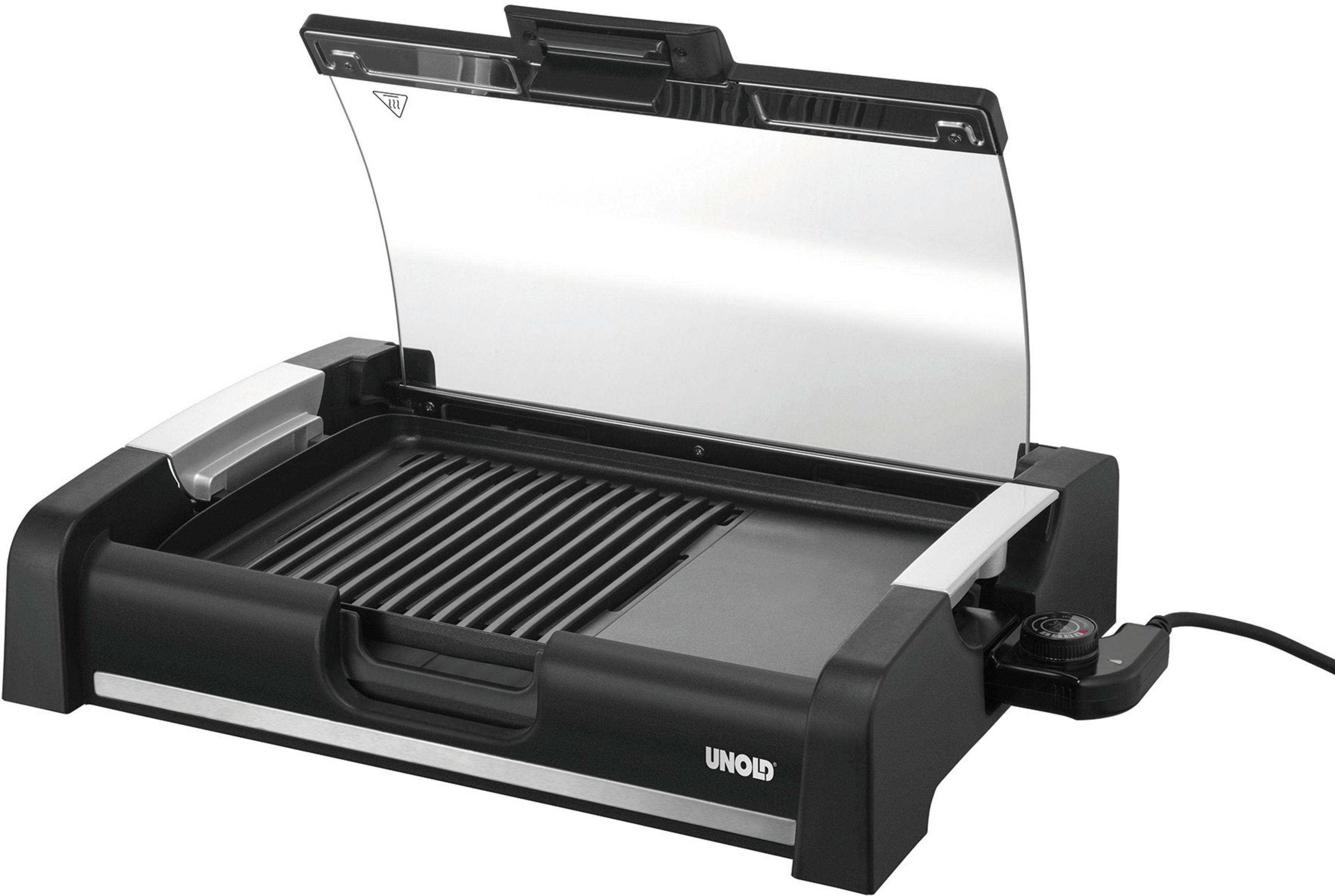 Schwarzer Elektrogrill mit transparentem Deckel und Bedienknopf.