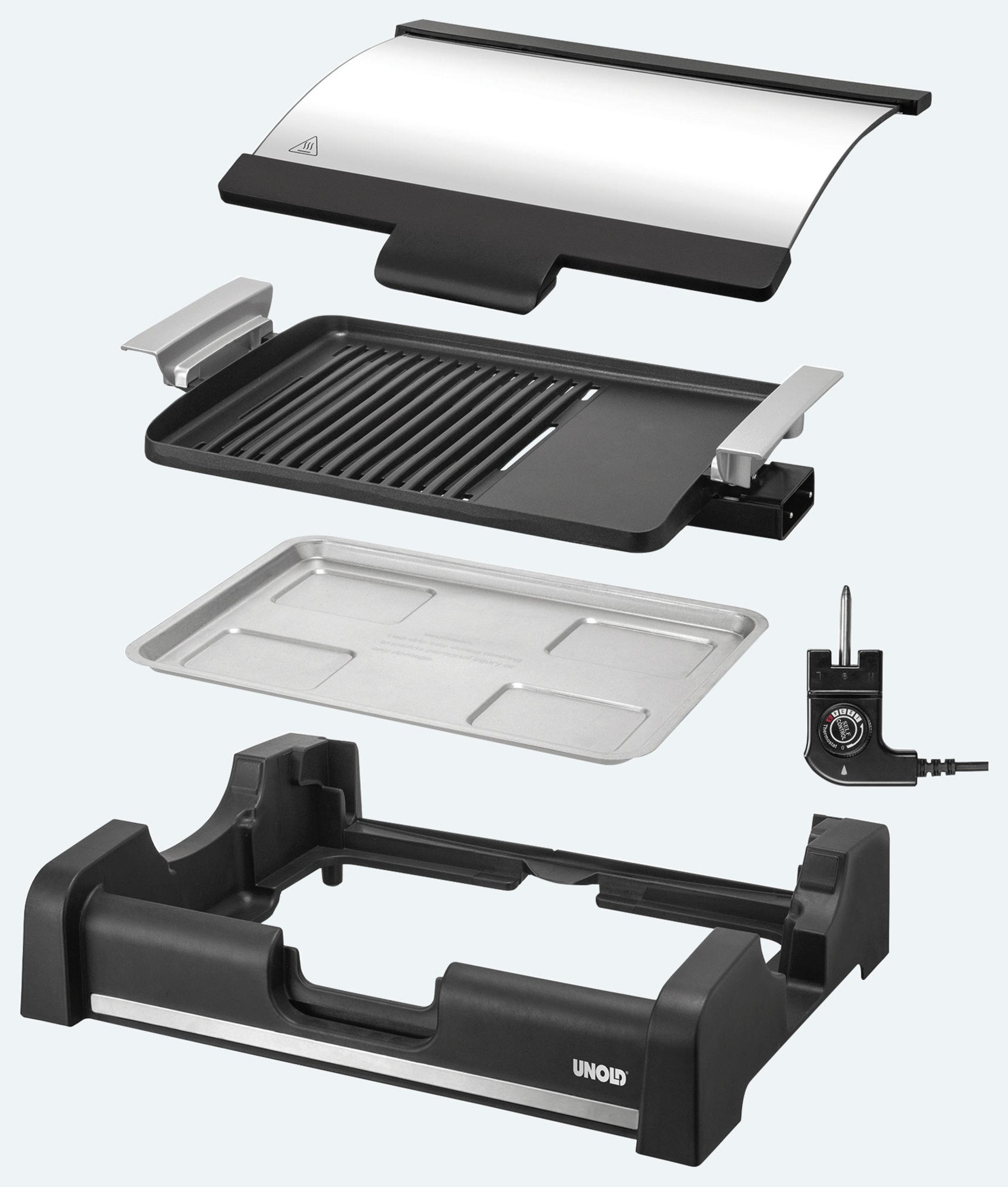 Zerlegter Elektrogrill. Enthält Deckel, Grill, Tropfschale, Steuerung und Sockel, alles in Schwarz und Silber.