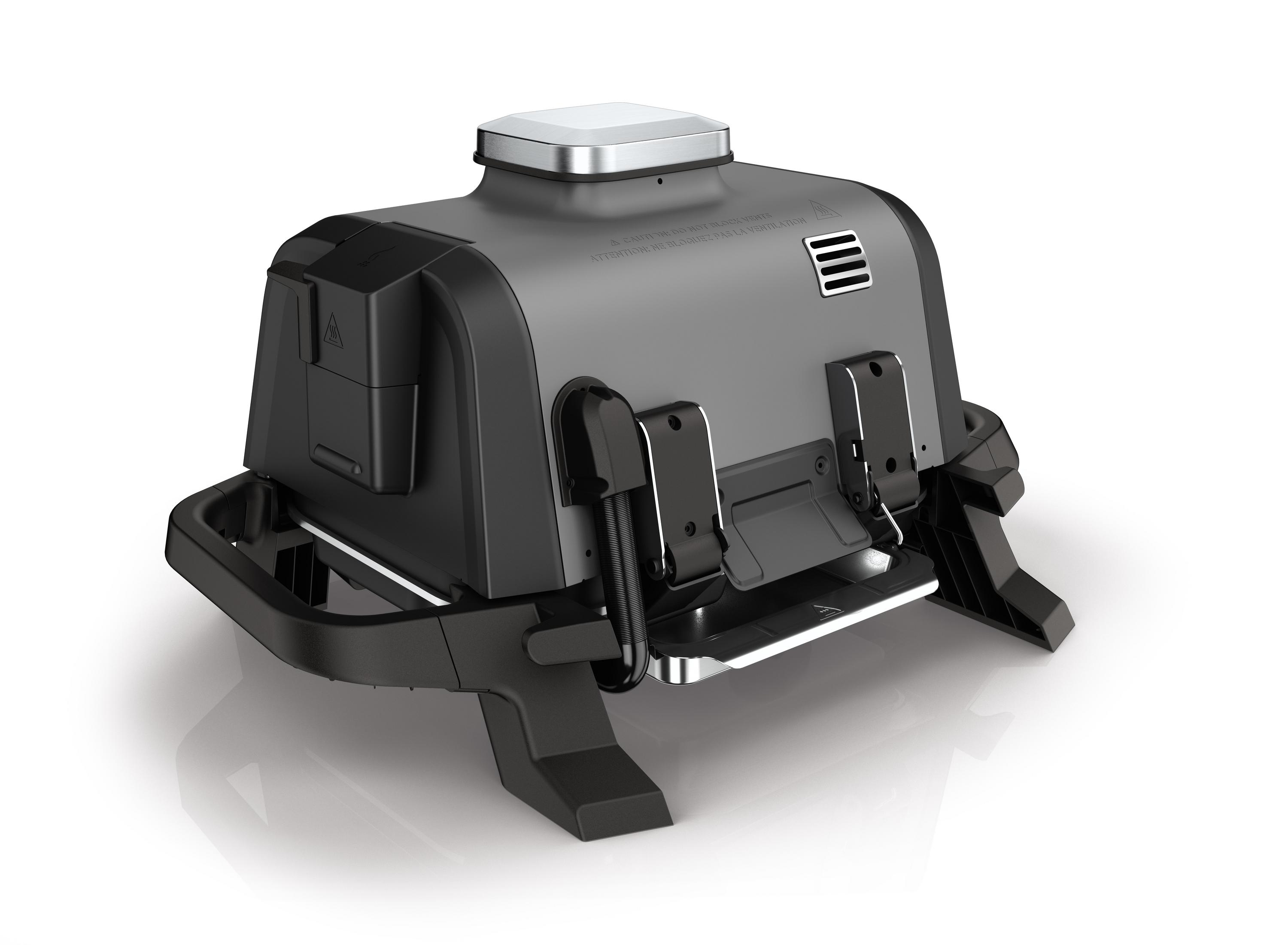 Een zwarte en grijze indoor grill, schuine weergave met de grill en handvatdetails.